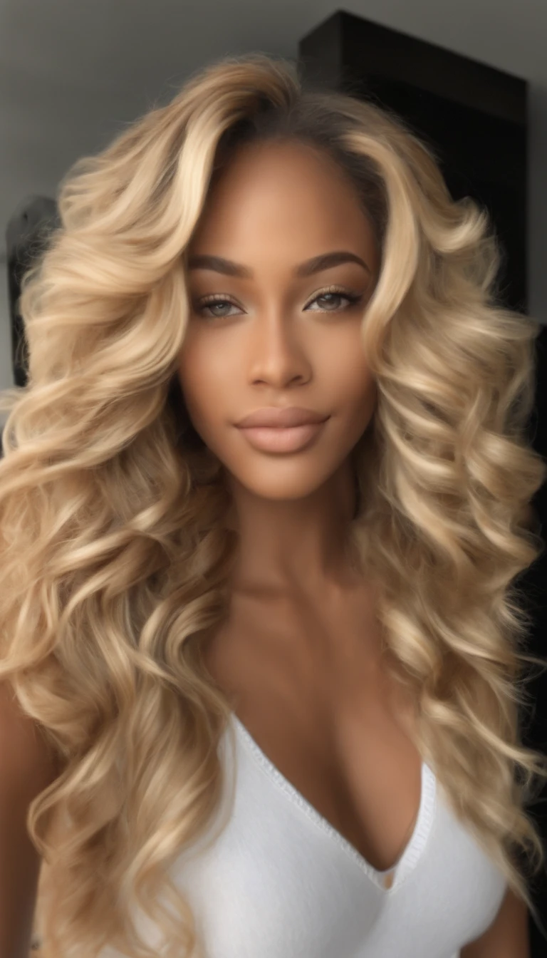 "Ultra-realistic image of a beautiful 21-year-old Afro-Latin girl, Caramel skin, perfect body, strong chest, thin nose, Thin waist, blonde hair, loose wavy hair Caribbean, piercing green eyes. hyper-realistic， correct anatomy Facial features are carefully represented Free loose wavy blonde hair, (yard, loose wavy blonde hair), Long loose wavy blonde hair, versatile hair, yard, loose wavy blonde hair, loose wavy blonde hair, loose wavy hair spread out, loose wavy Hair texture, loose wavy at the gym working out