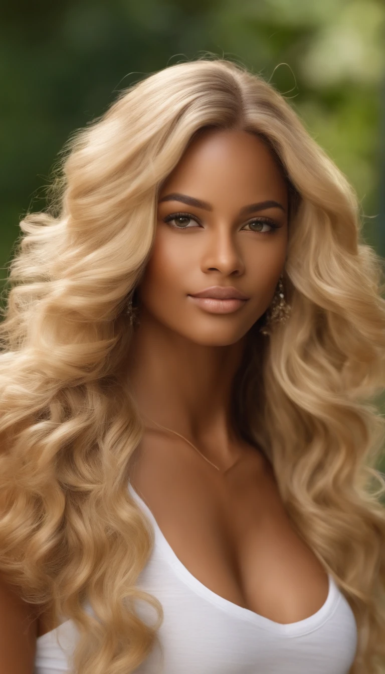 "Ultra-realistic image of a beautiful 21-year-old Afro-Latin girl, Caramel skin, perfect body, strong chest, thin nose, Thin waist, blonde hair, loose wavy hair Caribbean, piercing green eyes. hyper-realistic, correct anatomy Facial features are carefully represented Free loose wavy blonde hair, (yard, loose wavy blonde hair), Long loose wavy blonde hair, versatile hair, yard, loose wavy blonde hair, loose wavy blonde hair, loose wavy hair spread out, loose wavy Hair texture, loose wavy at the gym working out