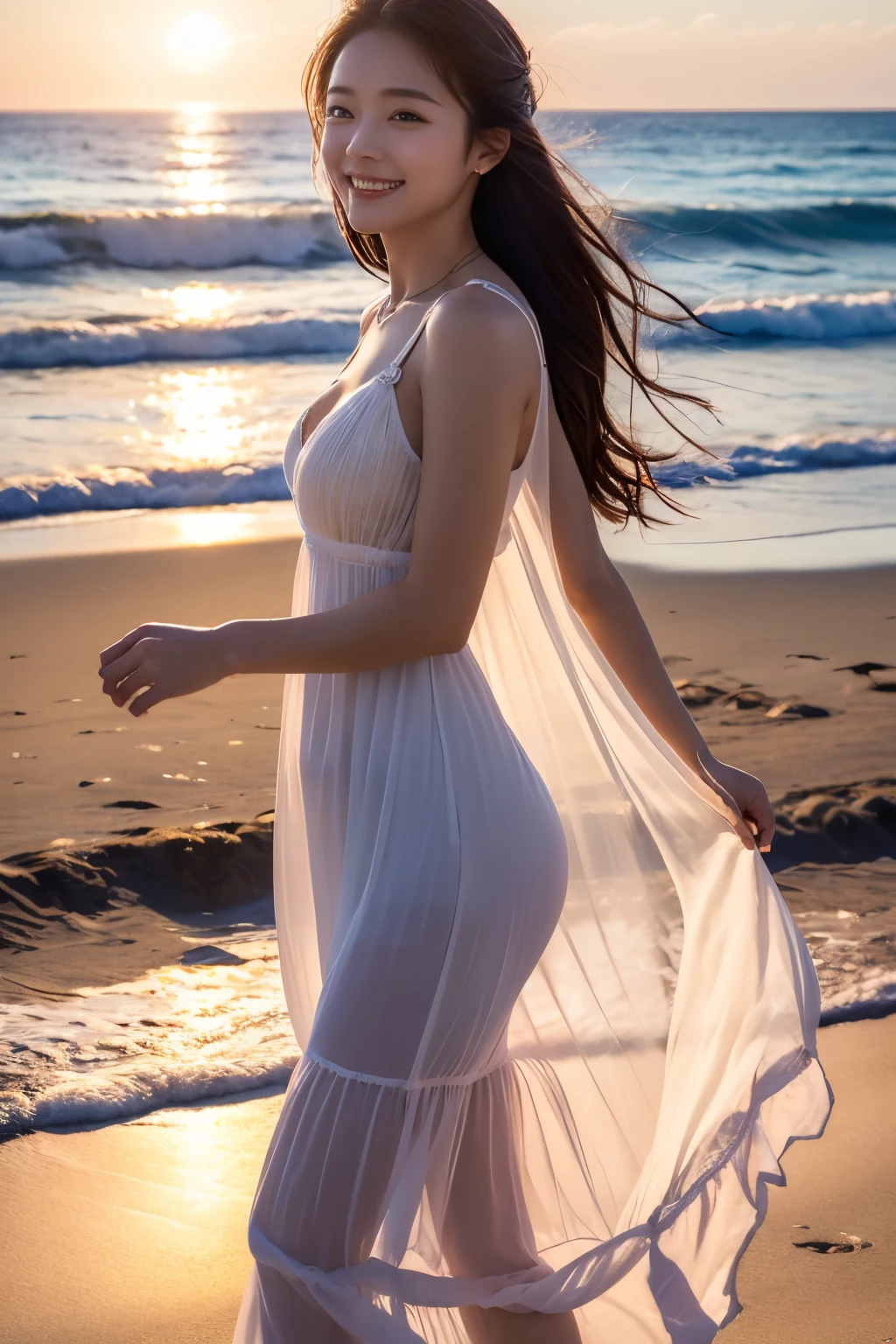 （top-quality、8K、32K、​masterpiece,)Beautuful Women、On the beach, evening、Walking、Taking a walk、See-through long dress、Looks happy、Beautiful sunset sea、Looking at the sea、Shot from the side、（（Shining eyes））