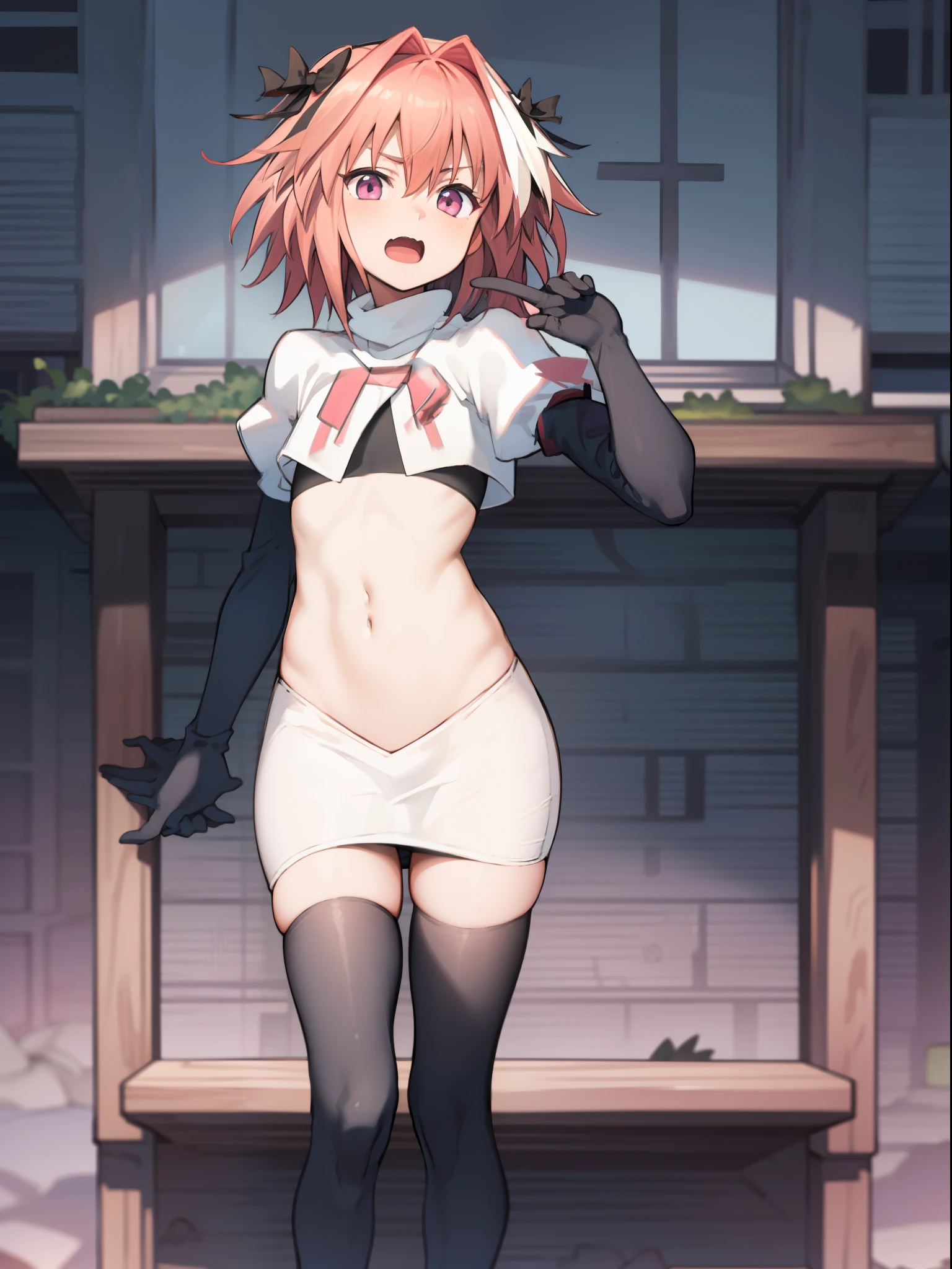 absurdres, masterpiece, best quality, (astolfo fate:1.2155), 1boy, male focus, trap, pink multicolored hair, pink hair, white hair, hair intakes, long hair, pink detailed eyes, crossdressing,1boy, team rocket,team rocket uniform, red letter R, white skirt,white crop top,black thigh-highs,black elbow gloves