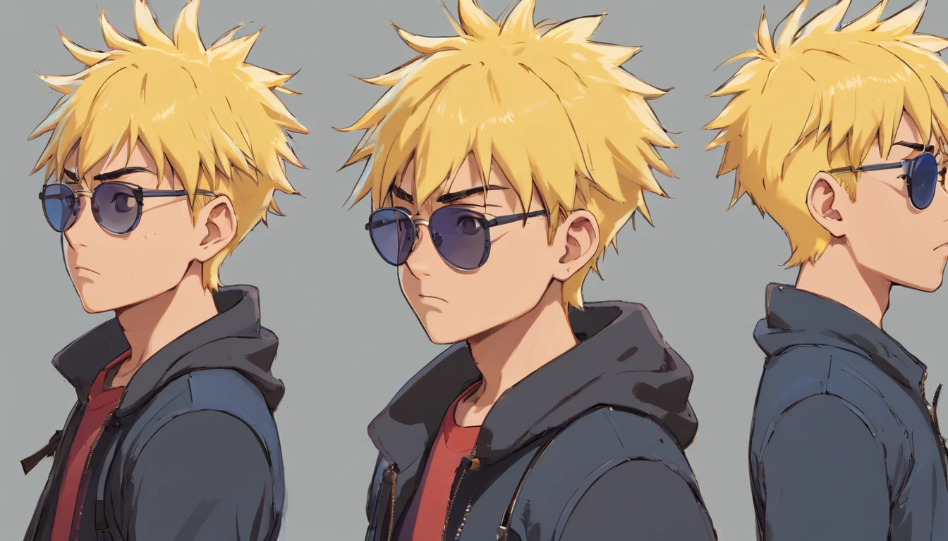 named Calvin Chandra, yellow spiky high hair, face with scars, big muscular body, dressed as a bodyguard with black jacket and sunglasses, brings suitcase on his back, fierce yet kind face ((character design sheet)) ((((different poses different angles))))