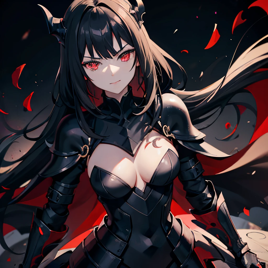 anime woman, a girl in black dragon themed knight armor. black hair with black highlights, one eye with red iris and the other eye with black iris and an arrogant smile.