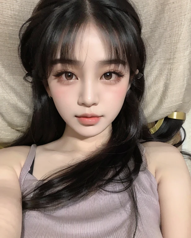 Arafed asian woman with long black hair lying on a bed, Ulzzang, dilraba dilmurat, Mulher sul-coreana bonita, Jinyoung Canela, Jaeyeon Nam, coreana, wan adorable korean face, young adorable korean face, Heonhwa Choe, pale round face, linda mulher coreana jovem, korean face features, mulher coreana jovem bonita
