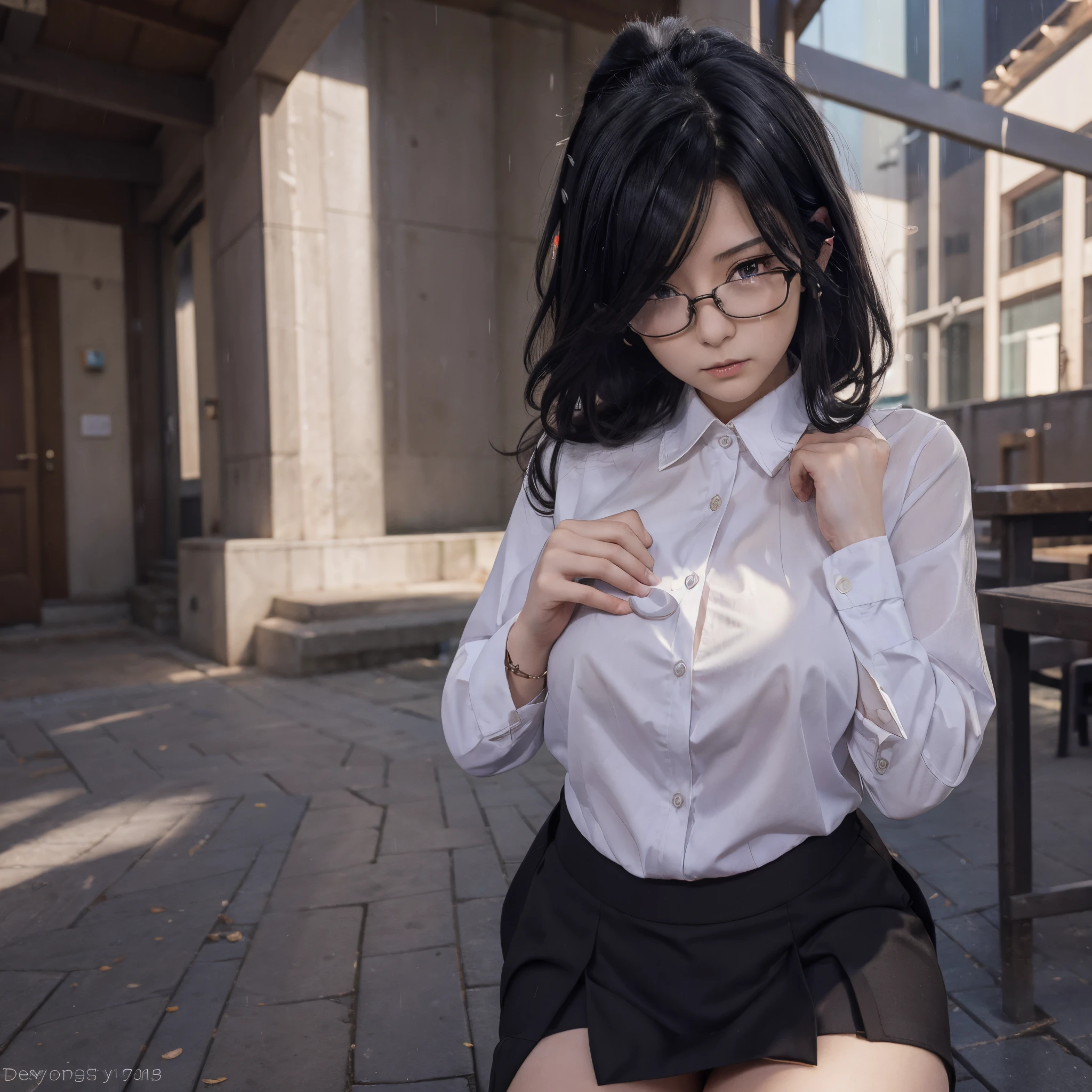 ((Masterpiece)), best quality, highree, Clorinde (genshin impact), 1girl, black hair, tear shaped pupil, white shirt, black short skirt, glasses, secretary, quiet city, night, rainy