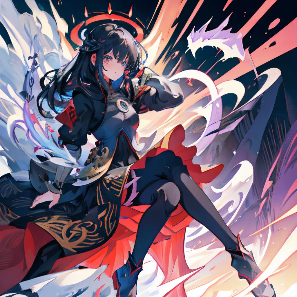 Anime woman, a girl in black dragon themed knight armor. cabello negro con reflejos negros, un ojo con iris rojo y el otro ojo con iris negro y una sonrisa arrogante.