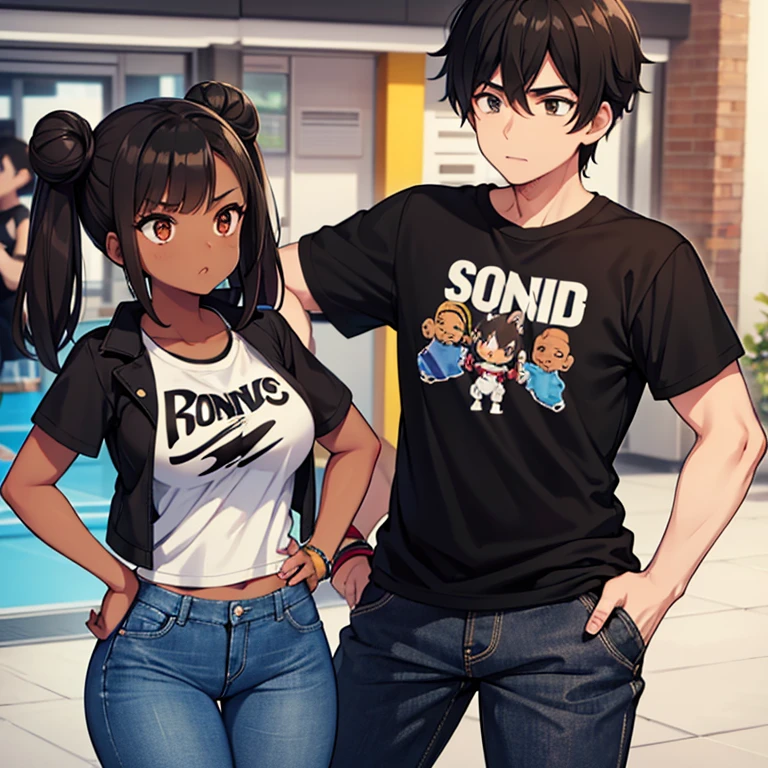 A brown skinned girl with black hair in 2 buns, a black t shirt, and black sweatpants with a white male person with a Jean jacket, a sonic t shirt, and jeans