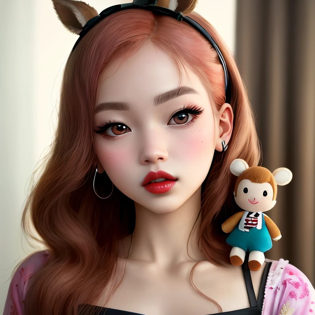 Jennie of blackpink whit a big red lips, rounded bambi eyes, small nose and a doll skin, looking like a 2d caracter