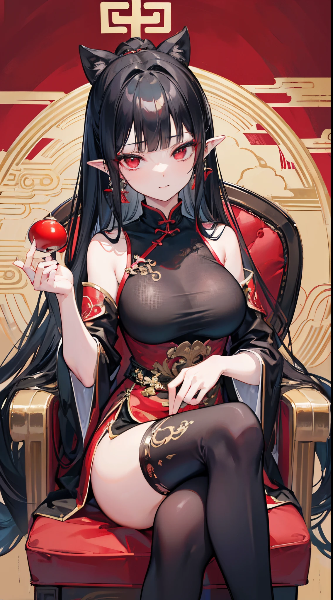 (8k、Top image quality、top-quality、masterpiece)、A detailed face、Detailed hand、1 girl in、Black hair long hair、blunt bangs、red eyes、smug、pointy ears、chinese style earrings、Moderately breasts、black chinese clothes、sit on a red plush chair、crossed legs、chinese background