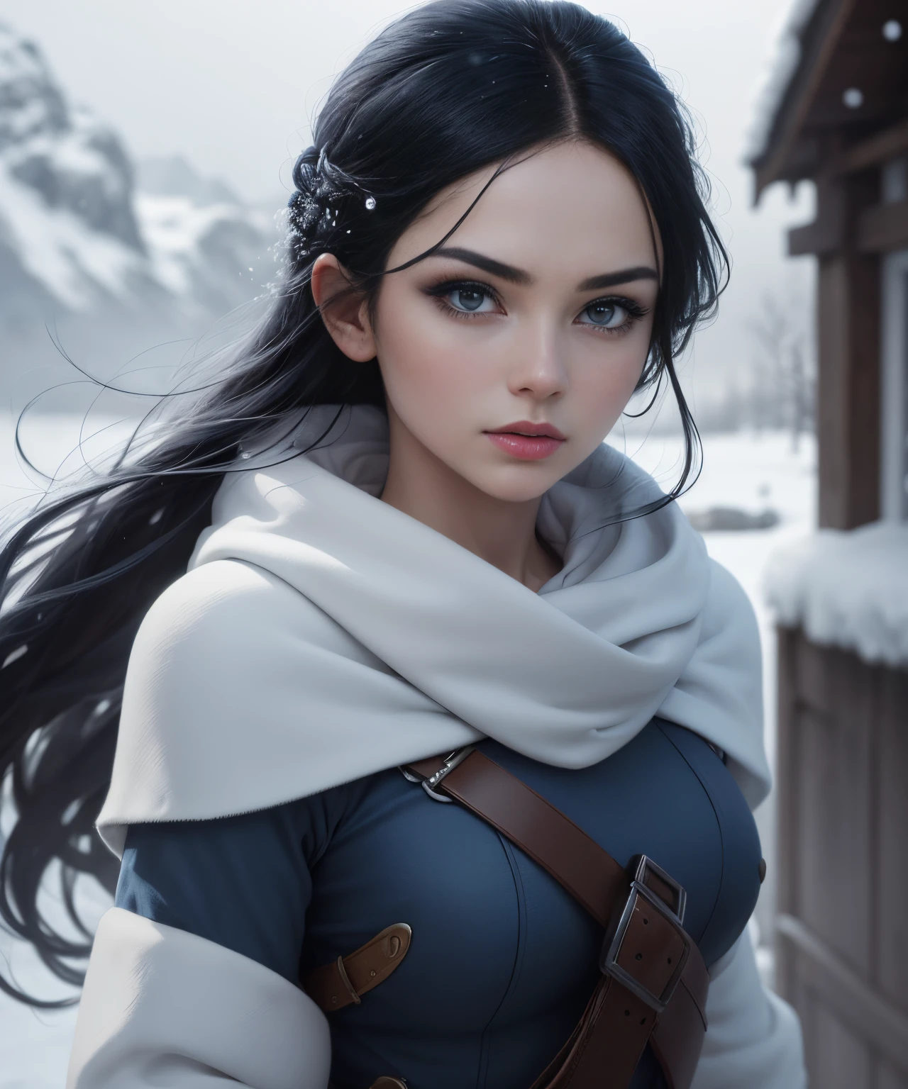 A woman with long black hair and a white scarf is standing in the snow ...