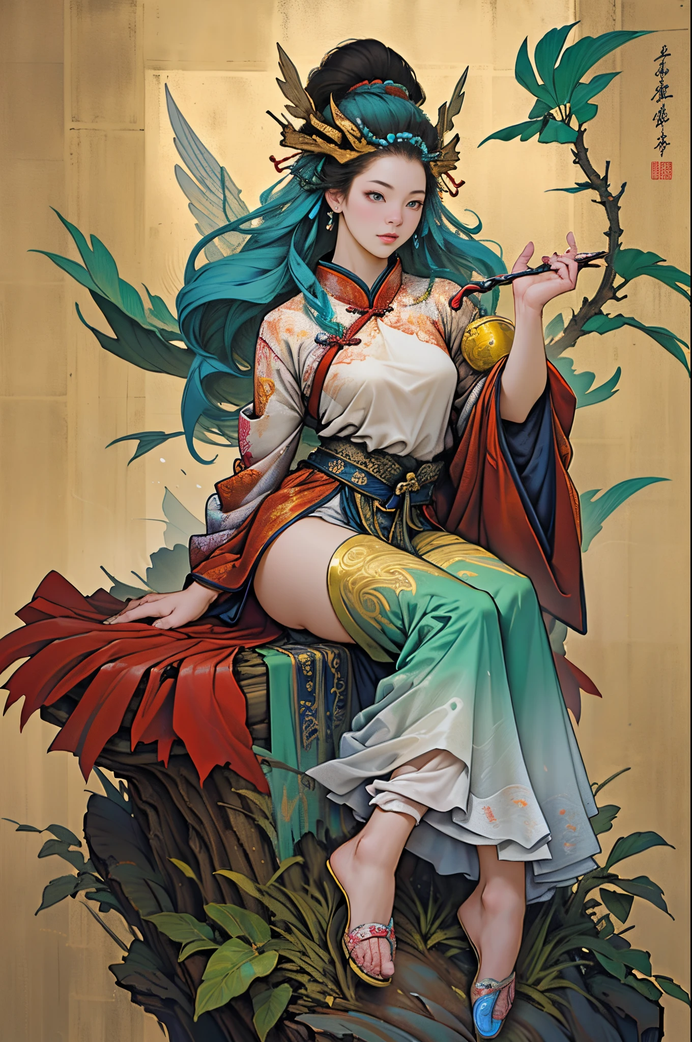 A beautiful woman in ancient costume on the paper, exquisite hands and delicate facial features, she gazed into the distance.