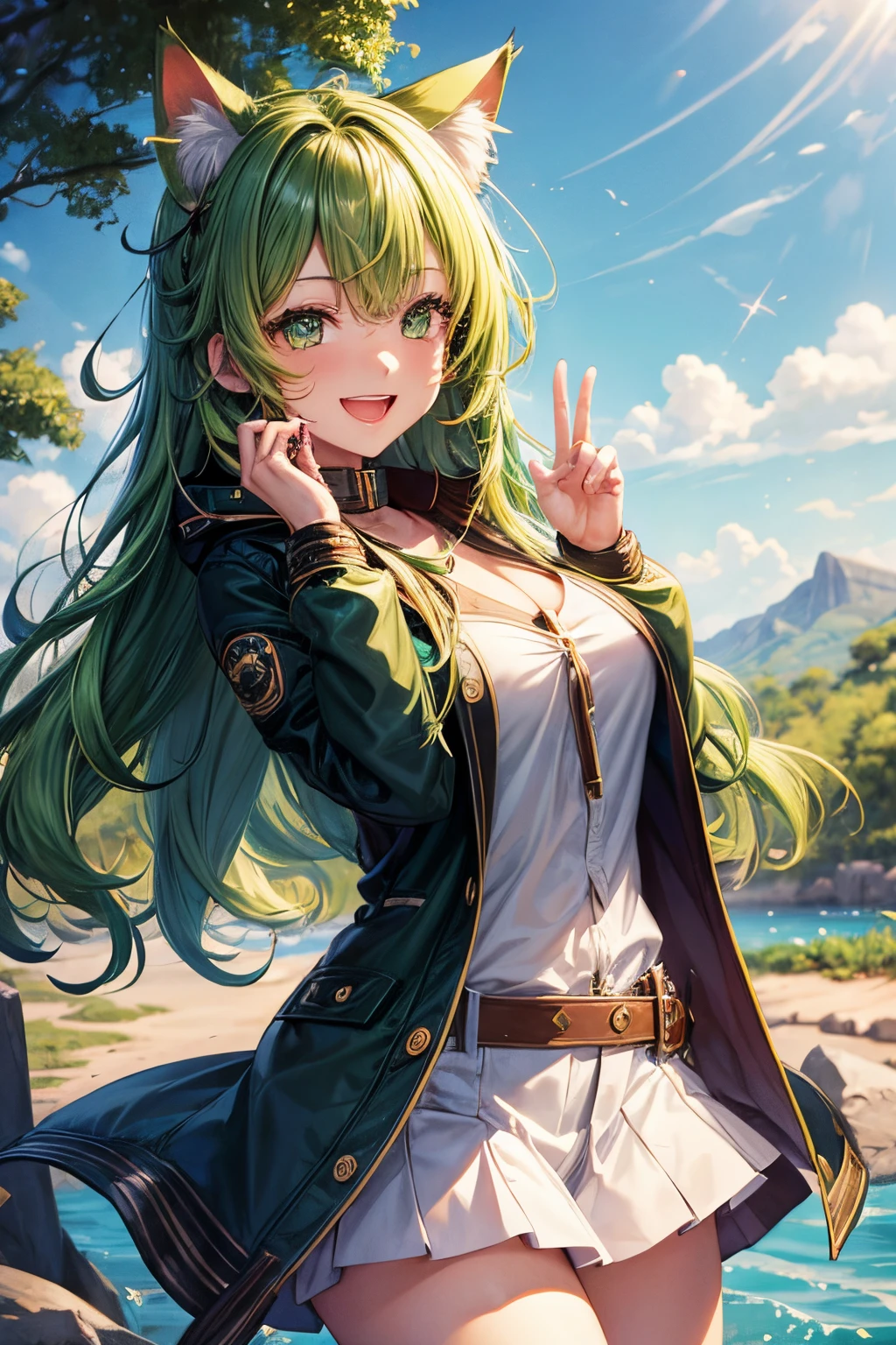 Top quality, high resolution, perfect human structure, background focus, front view, shiny hair, cat ears, green hair, river, safari jacket, multicolored hair, laughing happily, star-shaped pupils, wavy hair