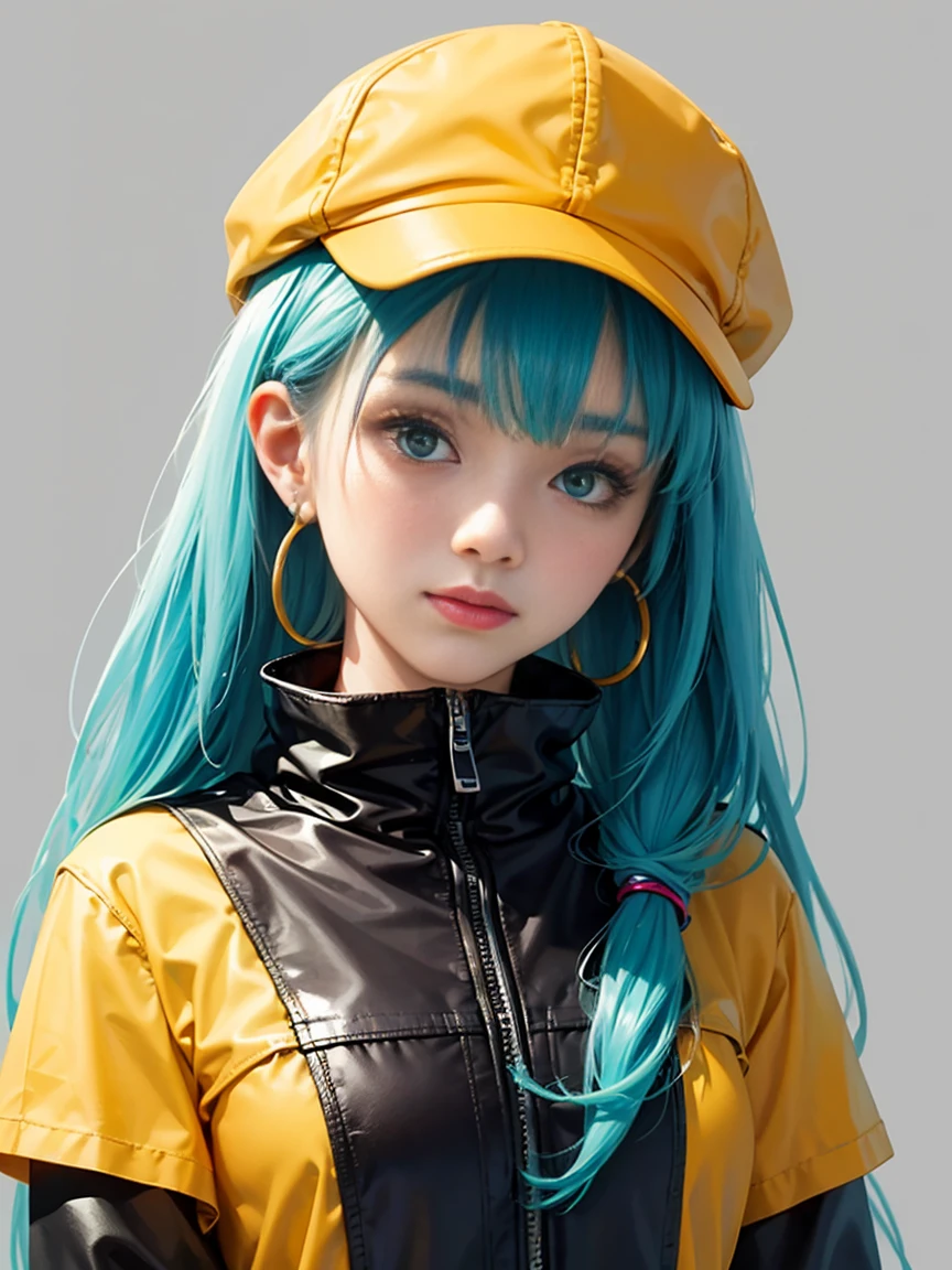 skistyle, miku hatsune, masterpiece, best quality, 1girl, blush, aqua eyes, cap, closed mouth, earrings, hat, hoop earrings, jewelry, looking at viewer, shirt, simple background, solo, upper body, yellow shirt
