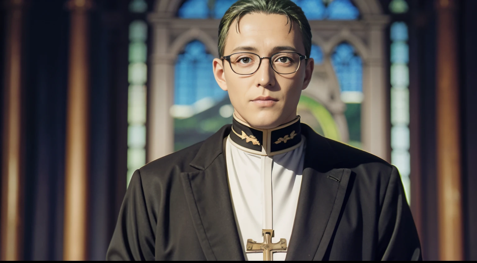 Heiter, 1man, glasses, priest, robe, green hair, detailed face, detailed eyes, upper body