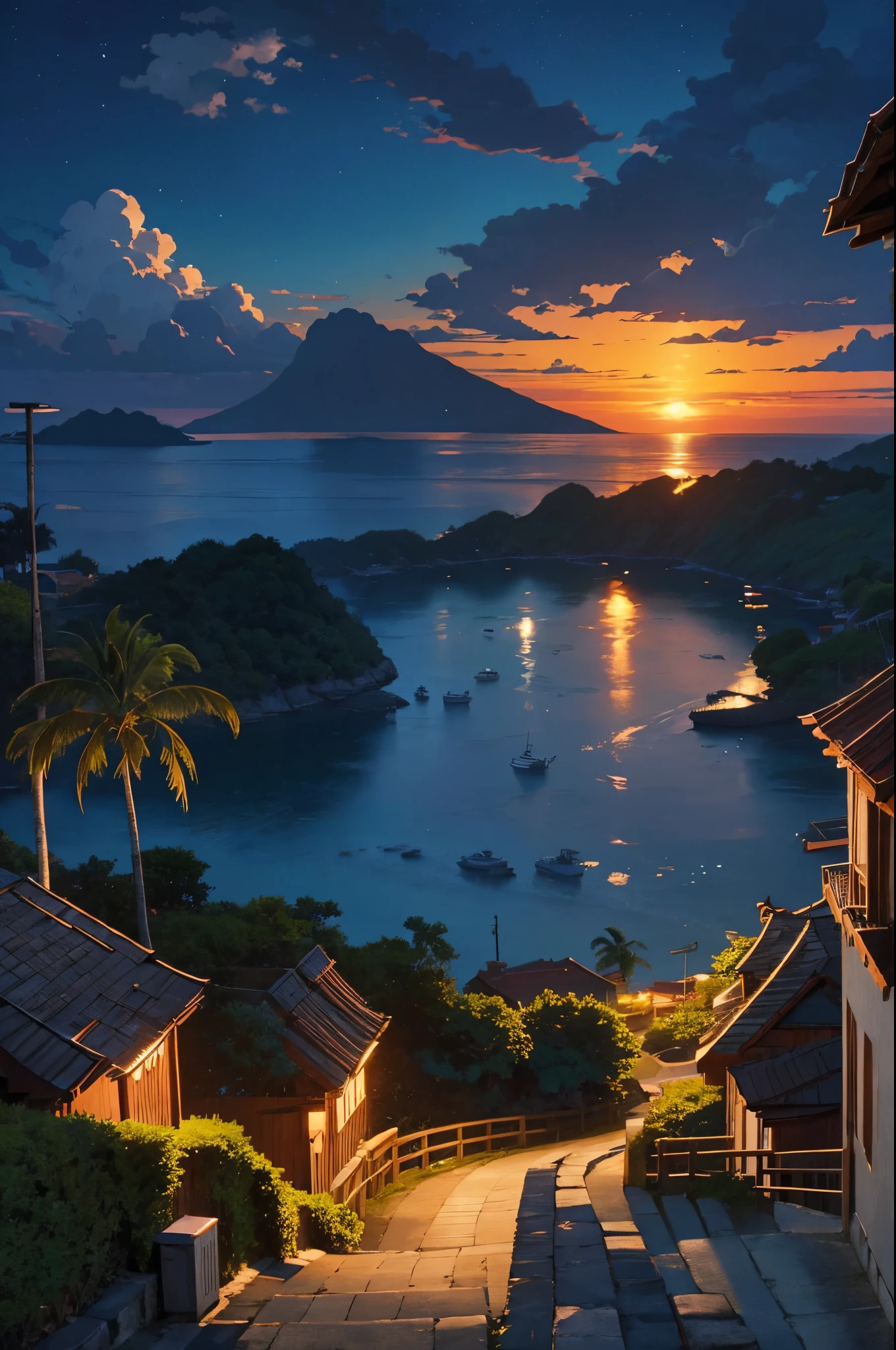 a village harbor at late sunset with a sky background, a distance sailing boat, peaceful night, incredibly beautiful anime landscape, calm evening, distance forest hills, sea cliff, coconut trees, beautiful anime landscape, view from above, anime movie background, high quality desktop wallpaper, landscape wallpaper