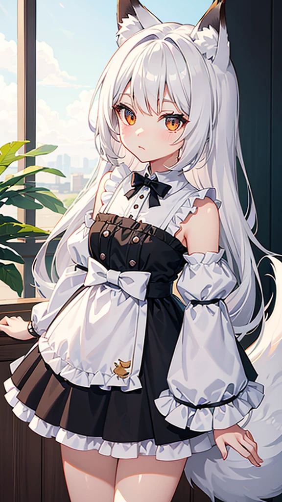 Fox Girl s girl Lori White hair big tail fluffy tail kawaii Beautiful skin Amber eyes high-level image quality hightquality wall-paper shorth hair short-cut Black Maid Clothes dressed casually shortsleeves Hair short Hair to the shoulders