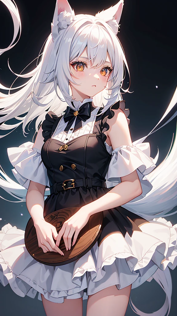 Fox Girl　teens girl　Lori　White hair　big tail　fluffy tail　kawaii　Beautiful skin　Amber eyes　high-level image quality　hightquality　wall-paper　shorth hair　short-cut　Black Maid Clothes　dressed casually　shortsleeves　Hair short　Hair to the shoulders