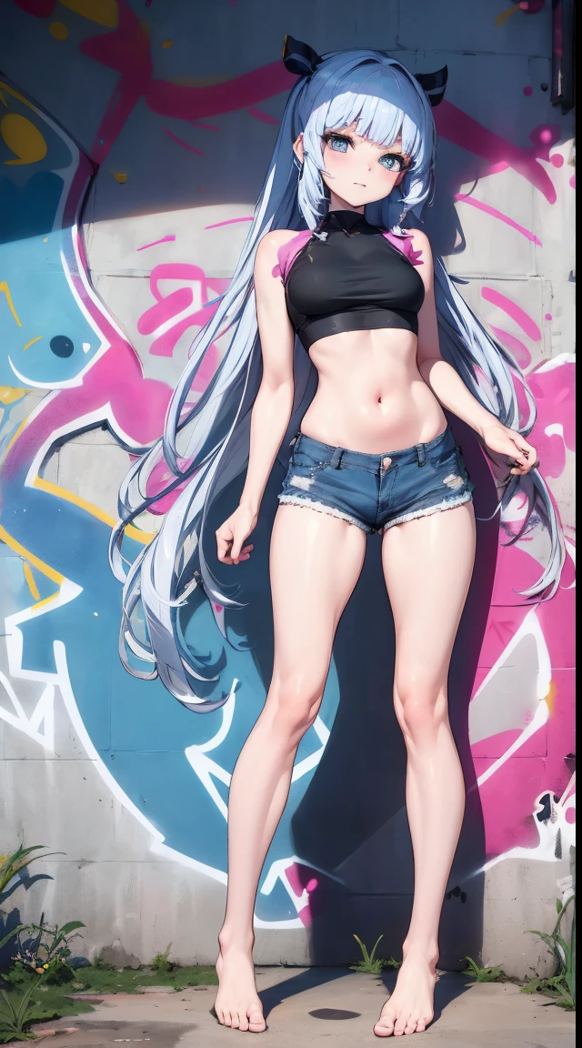 fully body photo，Natural standing posture，from below，Ayaka Kamisato|genshin impact, tmasterpiece, Best quality at best, Proportional body, Lengthen the legs, The beautiful, Proportional，1 plump girl, 5,lightblue hair，Long gray hair， overmany, Crop top, denim short, overmany,Bareleged ,Barefoot，only, Crop top,, black corset,with black background，solid color backdrop， (graffiti on wall:1.5), Splash with purple lightning pattern., place one's arms behind one's back, against a wall, Look at the audience from the front., thigh band, tilt of the head, boring,