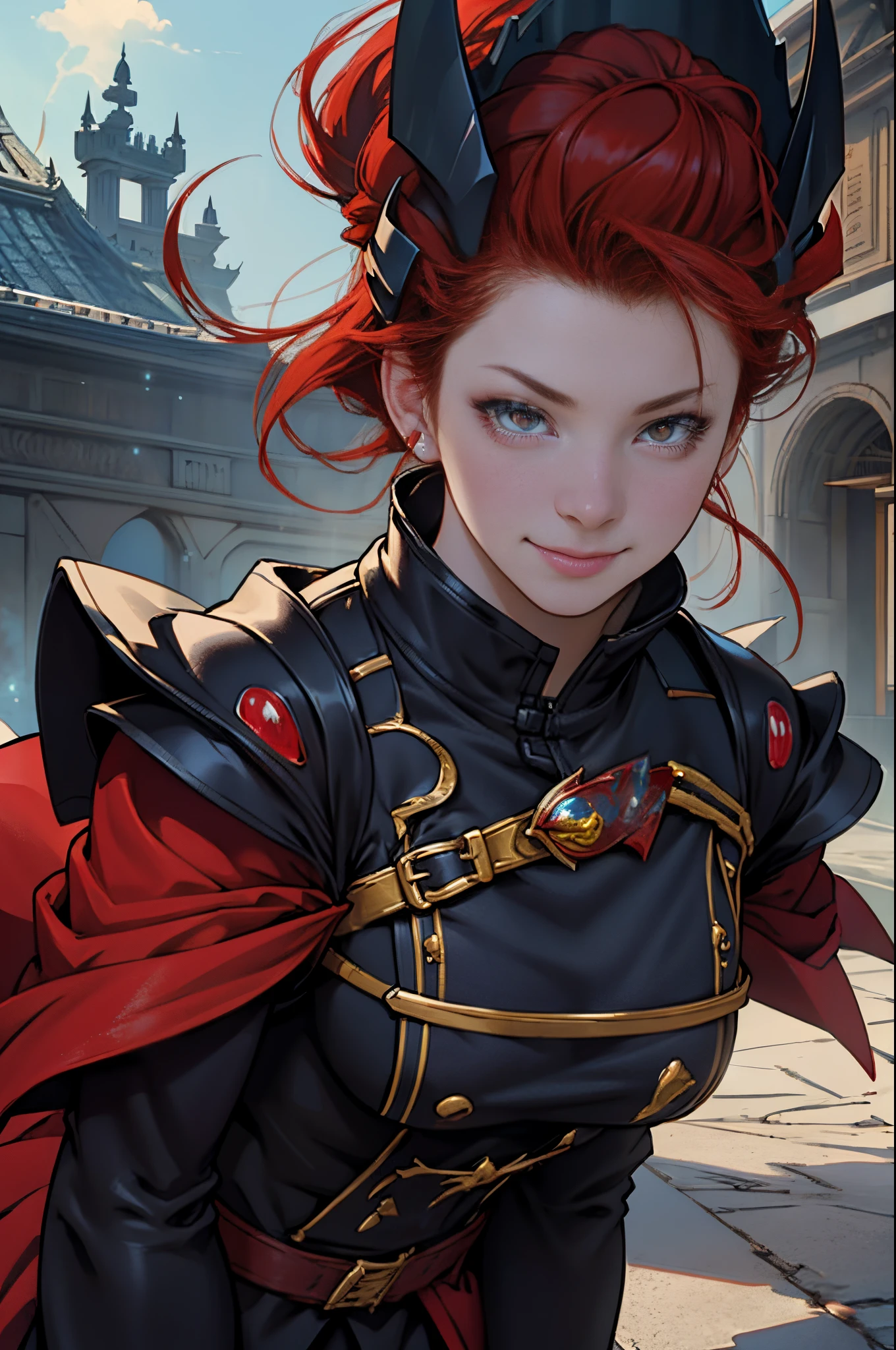 The Dark Princess of Blood-Eyed, red hair clothing, diadems, evilsmile, style of anime, lens flare glow, high detal, first person perspective, 电影灯光, tmasterpiece, super detailing, Best quality, 8K, hyper HD