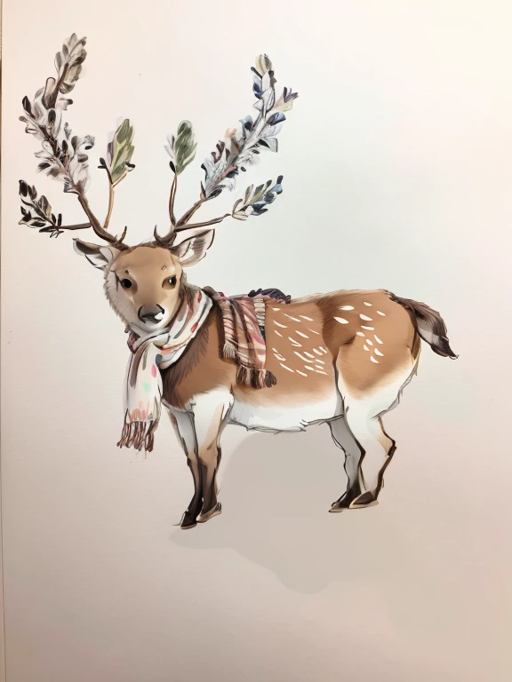 Draw a deer wearing a scarf，There is also a scarf around the neck, an anthropomorphic deer, Anthropomorphic deer, anthropomorphic female deer, anthropomorphic deer female, Inspired by Edwin Lancier, Animal painting, wildlife paintings, Stag wearing a crown, Inspired by Rudolf F. Ingerle, outline sketch, thin antlers