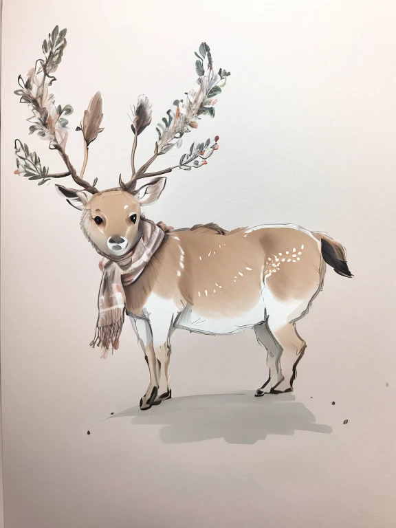 Draw a deer wearing a scarf,There is also a scarf around the neck, an anthropomorphic deer, Anthropomorphic deer, anthropomorphic female deer, anthropomorphic deer female, Inspired by Edwin Lancier, Animal painting, wildlife paintings, Stag wearing a crown, Inspired by Rudolf F. Ingerle, outline sketch, thin antlers