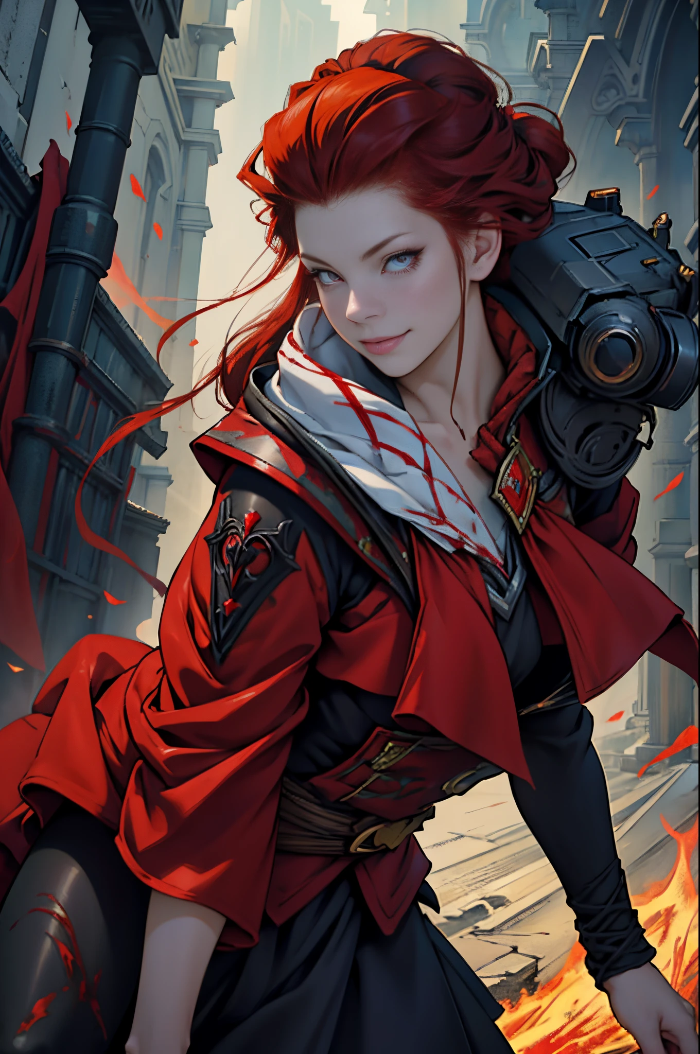 The Dark Princess of Blood-Eyed, red hair clothing, diadems, evilsmile, style of anime, lens flare glow, high detal, first person perspective, 电影灯光, tmasterpiece, super detailing, Best quality, 8K, hyper HD