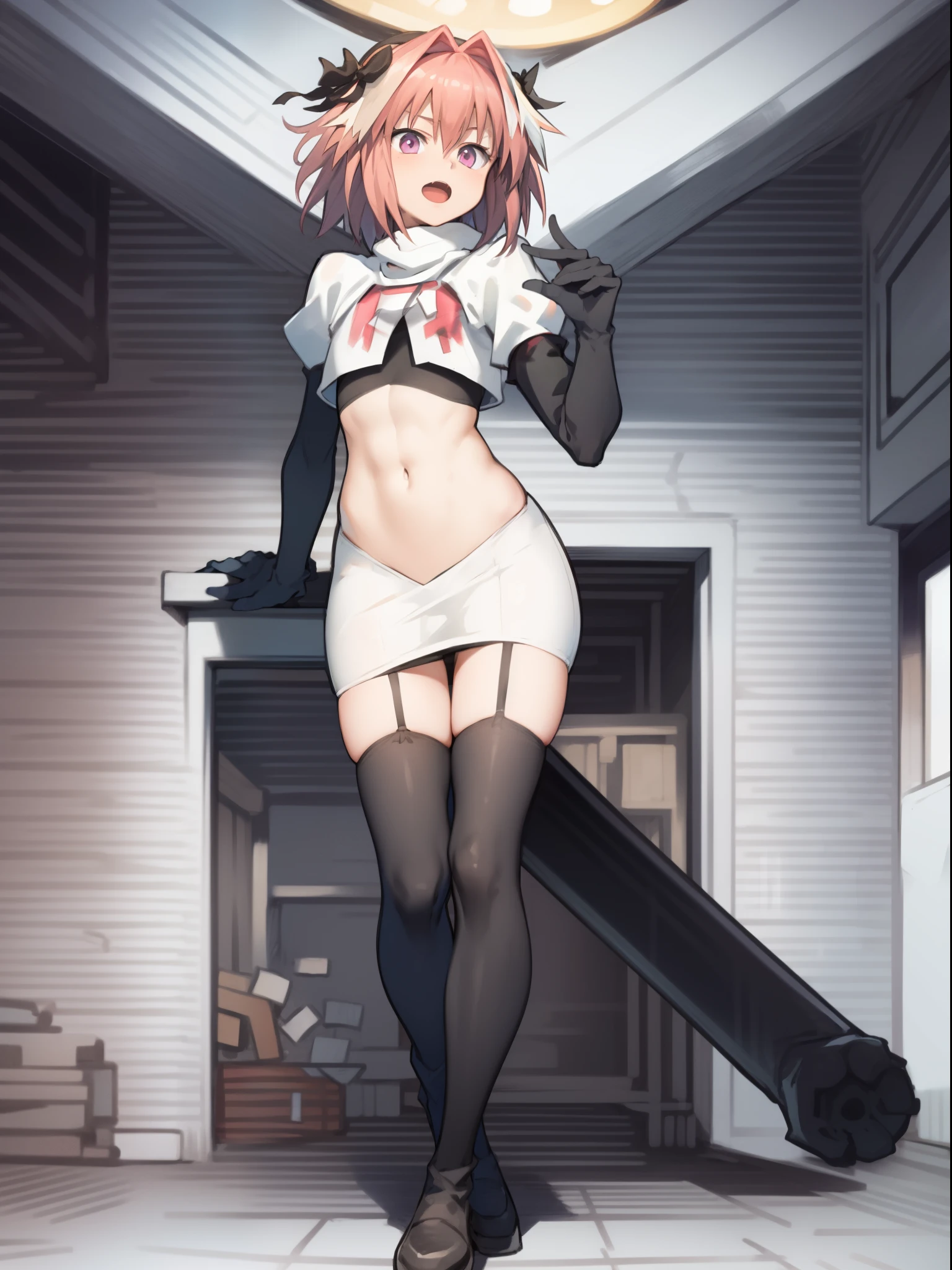 absurdres, masterpiece, best quality, (astolfo fate:1.2155), 1boy, male focus, trap, pink multicolored hair, pink hair, white hair, hair intakes, long hair, pink detailed eyes, crossdressing,1boy, team rocket,team rocket uniform, red letter R, white skirt,white crop top,black thigh-highs,black elbow gloves