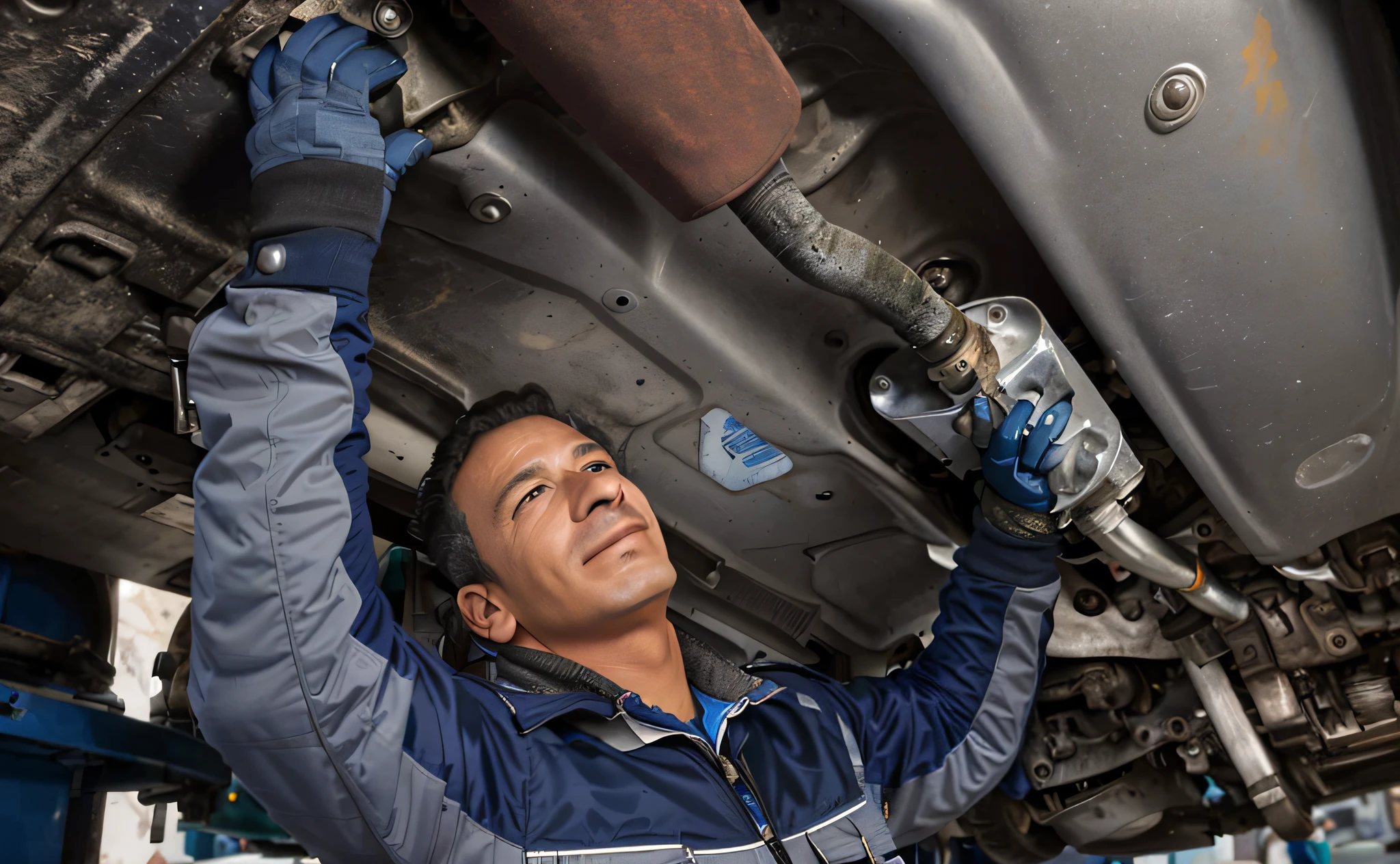 Alafid man in blue and gray jacket repairing car, mechanoid, Underbody, Fix photos, The Car, mechanics, Professional work, Old charming mechanic, forward shoulder posture, maintenance, Detailed pubic hair, Correct details, 1614572159, photo mid shot, Add text: Automatic repair, commercial photograph, Bottom corner