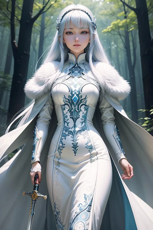 Bright and refreshing space、White is the key.、Smiling kindly、peaceful、Tiere、Not a person、unmanned、in woods、White、cyborgs、Have a beautiful sword、Shining blue eyes、1bolt、(intricate-detail)、nffsw、(intricate-detail、ultra-detailliert:1.2)、Cinematic shots、vignettes、central,、top grade、Eyes are clear、The sword shines、wearing a fur coat