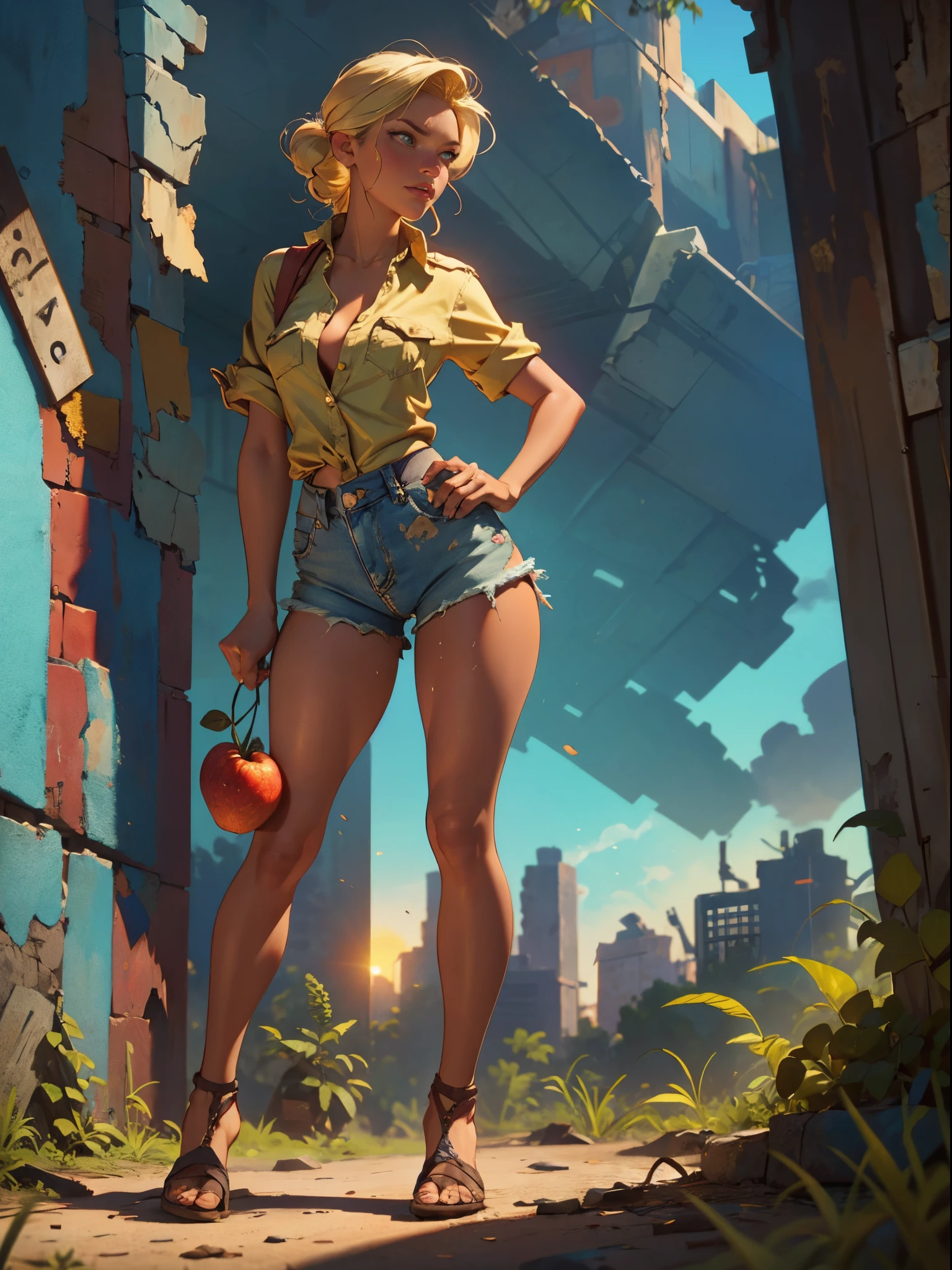 2076 year. The Urban Ruins of the Wasteland, Female huntress picking fruit in the garden, beautiful face, blonde, badly torn shirt and denim shorts , long legs, sweating through, sun rising, Nice warm colors, head to toe, full body shot, pretty hands, perfect fingers,