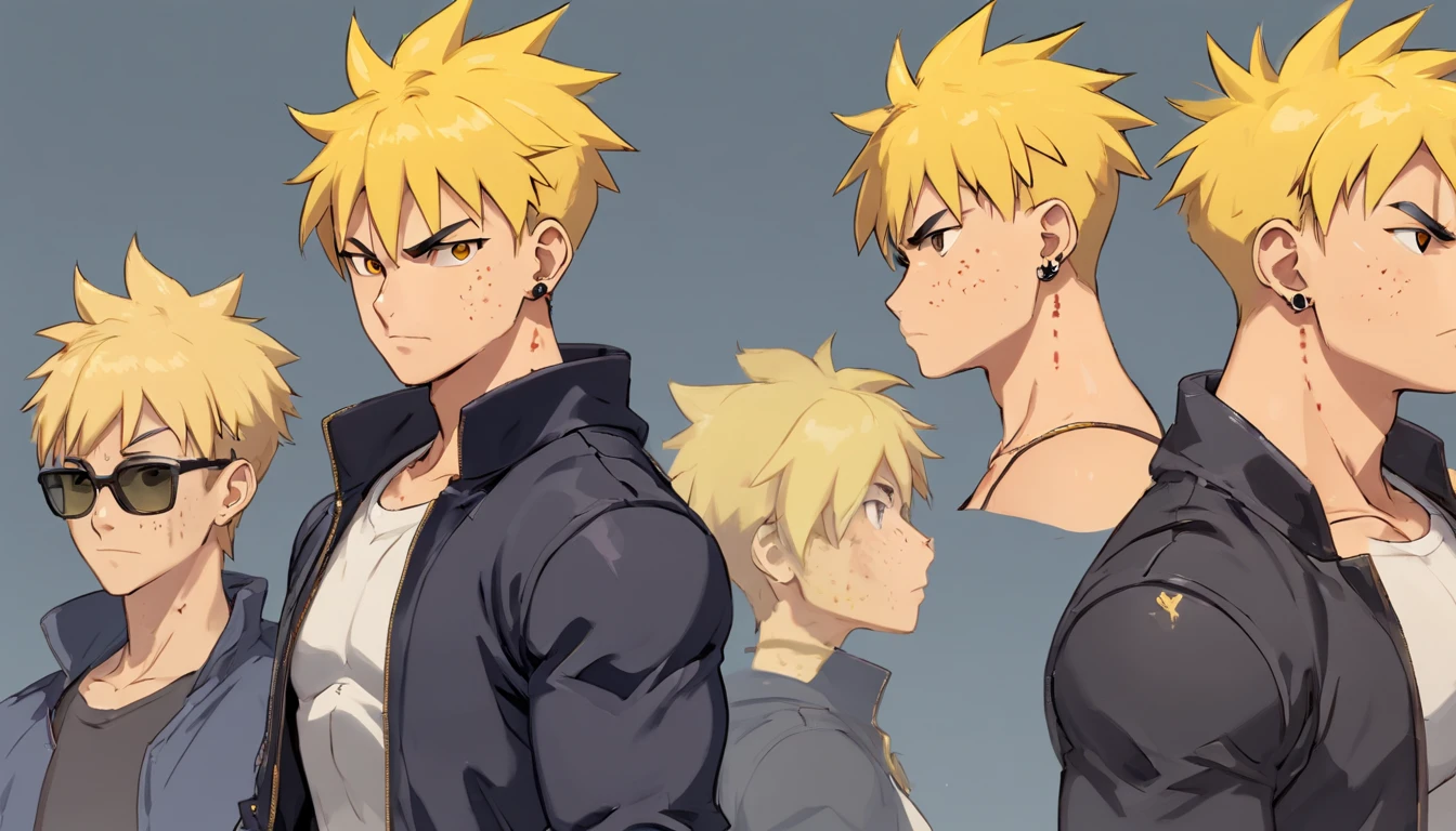 17 year old male named Calvin Chandra, yellow spiky high hair, face with ((scars prominent in upper head)), (((big muscular body))), dressed as a bodyguard with black jacket and sunglasses, always brings suitcase on his left hand, fierce yet kind face ((((character design sheet)))) ((((different poses different angles))))