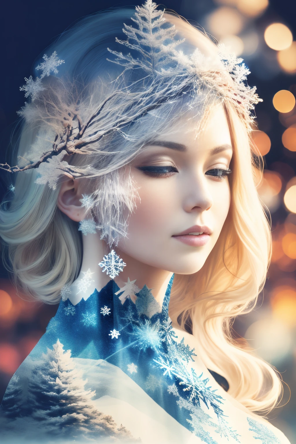 (masterpiece,best quality,niji style), (double exposure), 1 beautywoman, Christmas tree, (large beautful snowflake), snowy night, cool, star, poinsettia,