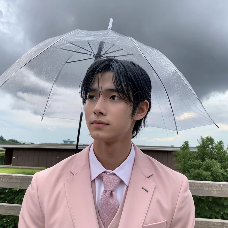 Will、natta、Wearing a suit、A young man、It's raining、with their face not visible、the sky is pink
