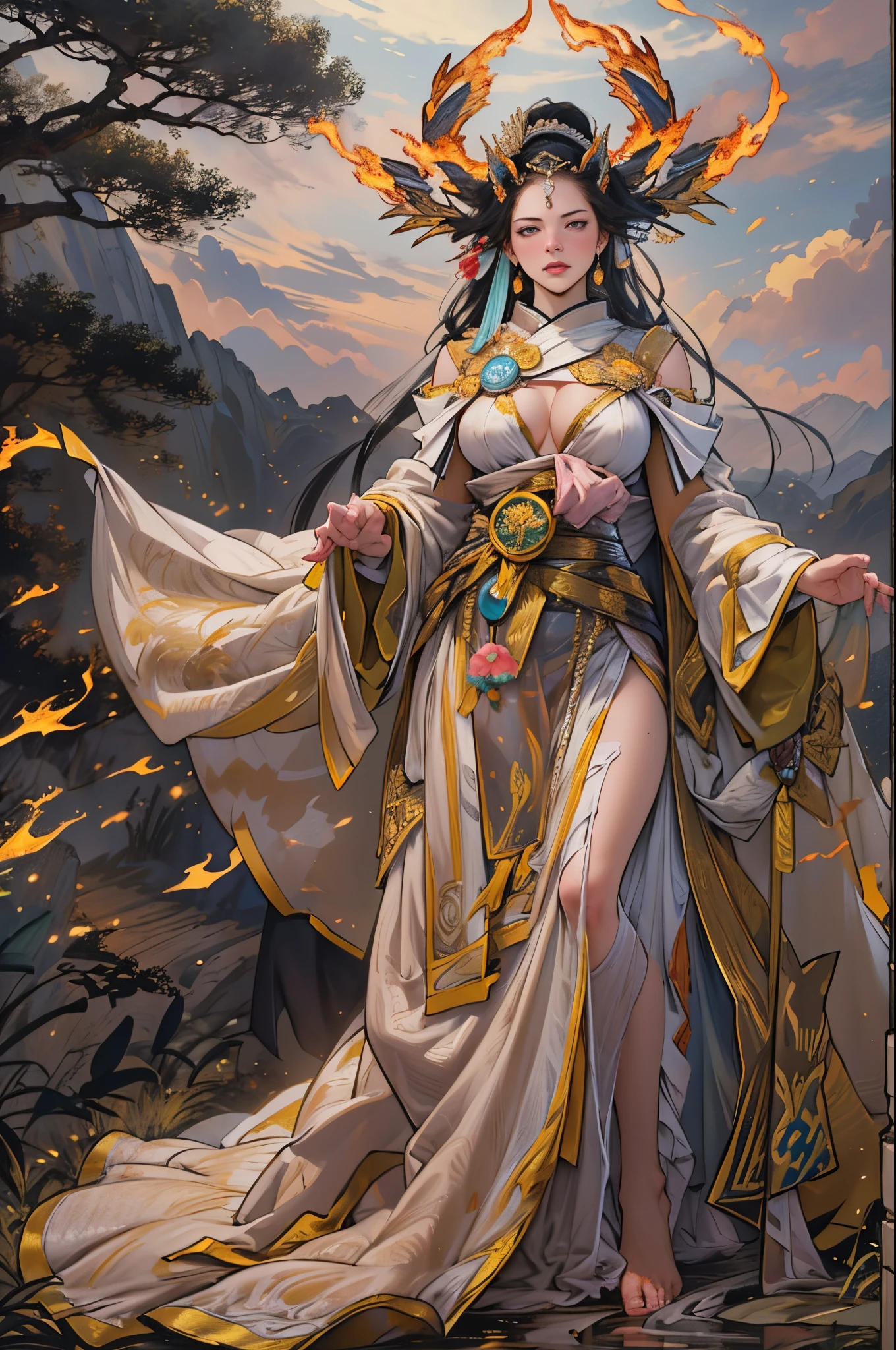 Depicting the goddess of war,She is a great giant,she is a lovely princess,Also a powerful warrior,火焰,lightning in sky,mountaintop foothills,mountain in the distance,(theelementoffire:1.4),flame of reality,Highly realistic,Correct anatomy,Full body photo,convex,Cute big breasts,Expose breasts exposed,legs separated,plum,longing unsatisfied,Bare genitals, Camel toes,Sexy gesture,climaxing,Sex huge breasts cleavage, The barefoot,Sexy gesture,(dressed in:Gorgeous sexy evening dresses,Composed of fire elements,Bare bare ,)1female,30 age old,Married woman,熟妇, 独奏,美丽詳細な目,(Tangled,datura,Tangles,entangled),Divine light,gold foil,Gold leaf art,Deep background,marvelous and unbelievable,Epic work,(Complicated details,hyper-detailing:1.2),ultra real photo, fearsome, Epic reality, faded, ((com cores neutras)),(pastel colour:1.2), 详细的脸, 詳細な目,hyper realisitc, + Cinema lenses + dynamic compositions, The is very detailed, Sharpen, Cinematic, warmly lit, Light effect, Dramatic light, (Complicated details:1.1), the complex background, (greg rutkovsky:0.8), giggles,