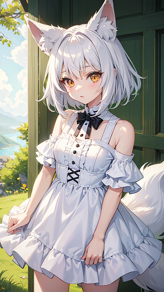 Fox Girl　teens girl　Lori　White hair　big tail　fluffy tail　kawaii　Beautiful skin　Amber eyes　high-level image quality　hightquality　wall-paper　shorth hair　short-cut　shortsleeves　Hair short　Hair to the shoulders　White dress