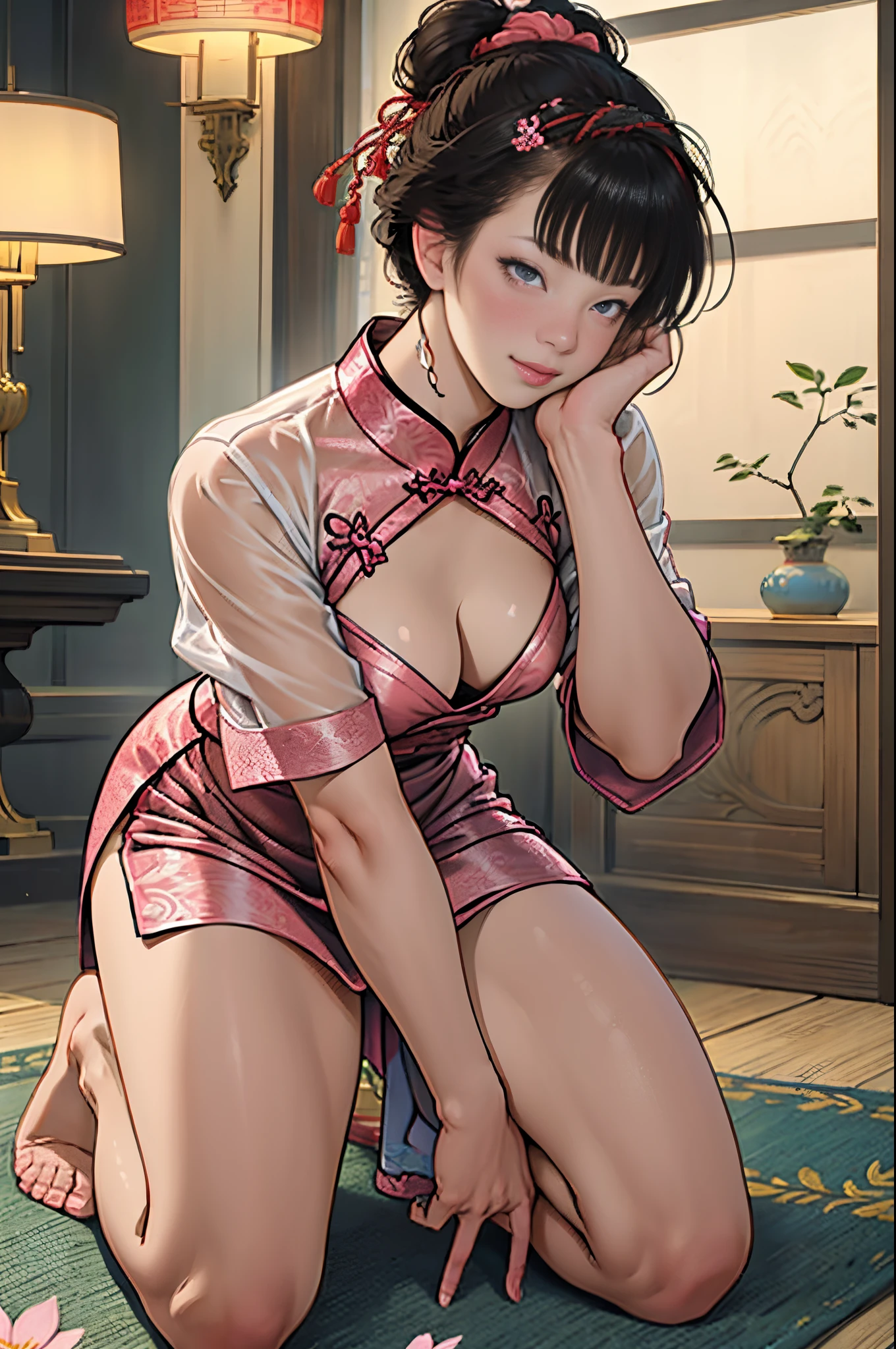 tmasterpiece, Best quality, Seafront, Banquet, 1人の女性, Mature woman, Elegant, chineseidol, Ancient China, Sister, Imperial sister, cheerfulness, a ball head, Light brown hair, a pink eyes, Gorgeous headdress, light pink lips, pink color clothes, yarn-like clothing, intelligentsia, Full bangs, flat bangs, flower bulbs, The face shape is delicate,Top knot(Enrich the picture,qualidade de obra-prima)Beautiful 8K CG artwork,Goddess-like pose,kneeling exercises,thin and soft,Translucent skin,black hair color hair、The perfect blend of medium and messy hair,The skin is fair and juicy,Large-breasted uniform,Perspective Part 1.2x enhanced contouring effect,Pajamas are delicate and transparent,Intricate and refined details,The background is a bit blurry,Charming and sexy legs,02