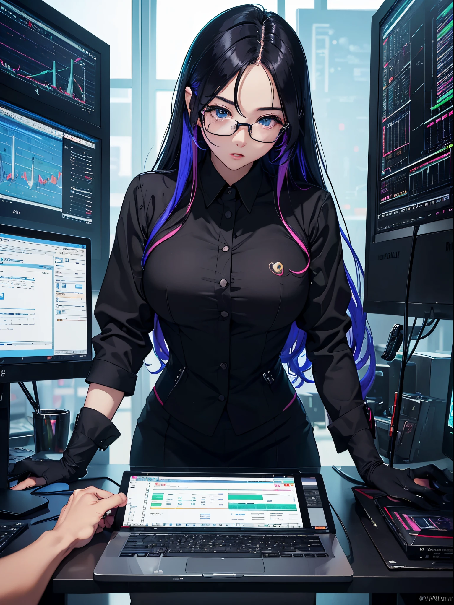 (top-quality、hight resolution、8k、masterpiece:1.2)。double tooth、canine teeth、Muscular nose、Fleshy lips、Anime style、animesque、light reflections、The best lighting、Line art thicker、Ultra detailed eyes、sparkle in eyes、Shining stars々eyes like、bitcoin、Cryptocurrencies、investment、Chart Analysis、Chart diagram、personal computers、((wear a black suit and glasses、Chart analysis in progress、Colorful hair transplant、Distinct eyes、Officelady、intellectual、stock trading on computer))、cyber space、skyscraper、Different space、Tawaman、