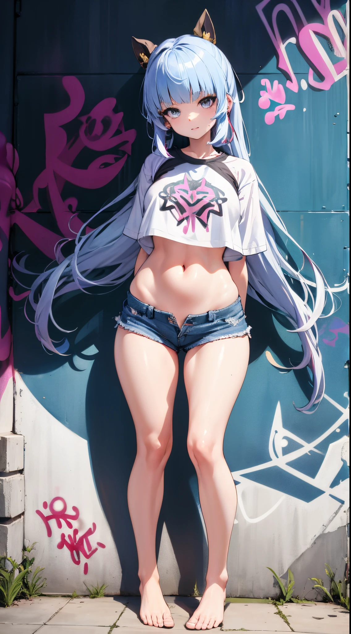 fully body photo,Natural standing posture,from below,Ayaka Kamisato|genshin impact, tmasterpiece, Best quality at best, Proportional body, Lengthen the legs, The beautiful, Proportional,1 plump girl,age 5,lightblue hair,Long gray hair, overmany, Crop top, denim short, overmany,Bareleged ,Barefoot,only, Crop top,, black corset,with black background,solid color backdrop, (graffiti on wall:1.5), Splash with purple lightning pattern., place one's arms behind one's back, against a wall, Look at the audience from the front., thigh band, tilt of the head, boring,