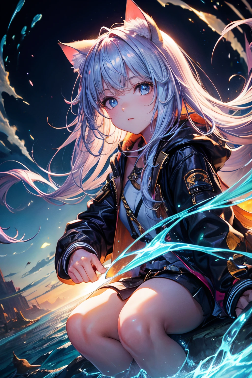Top quality, high resolution, perfect human structure, background focus, front view, glowing hair, cat ears, iridescent hair, river, animals, safari jacket, bright, gradient eyes, swept bangs,