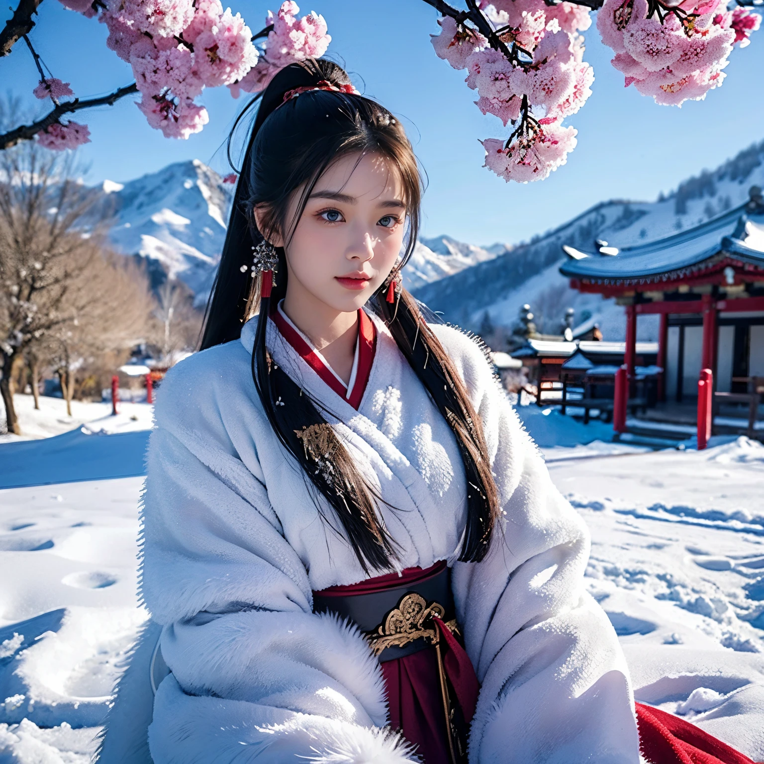 ancient wind,snow landscape,ChineseGirl,18yr old,closeup of face,Upper body only,Sitting in the snow and admiring plum blossoms,looking at viewert,Long ponytail hairstyle,By bangs,black color hair,blue color eyes,A plump chest,Gorgeous ancient costumes,warm fur cloak,red pattern,Red belt,simple accessories,close your mouth,elegant and charming,Calm and serious,heroic look,Ski slopes,beautiful plum blossoms,Plum blossoms are in full bloom,ancient fantasy,hyper realisitc,8K
