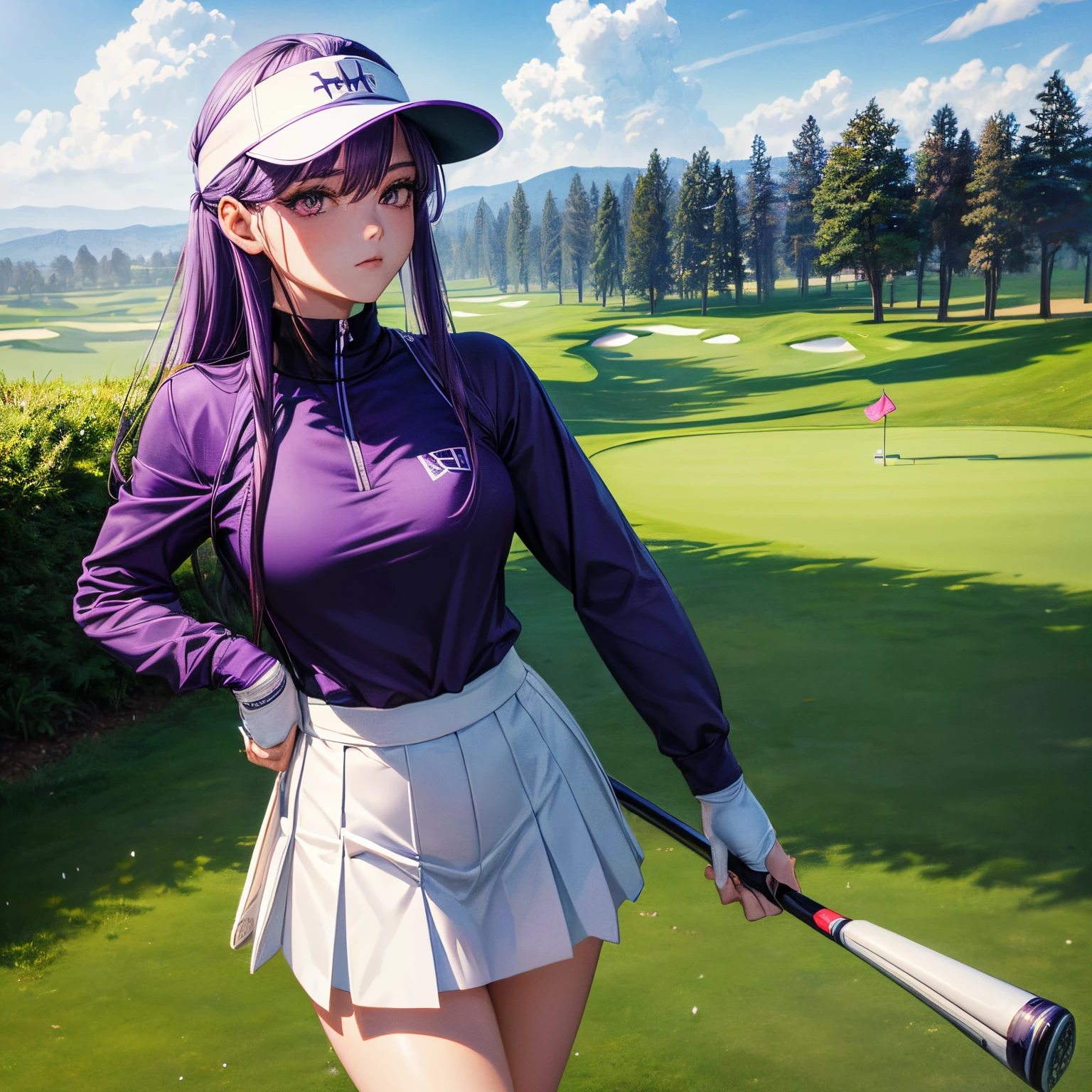 femele, golf course, Golf Wear, skirt by the, Long sleeves, Purple hair, sun visor, purpl eyes, wearing golf gloves, Have golf clubs, magnificent scene, best composition, (masutepiece, Best Quality, Hires, High quality, By a professional artist, ultra-detailliert, Extremely detailed, absurderes, Incredible resolution:1.2)