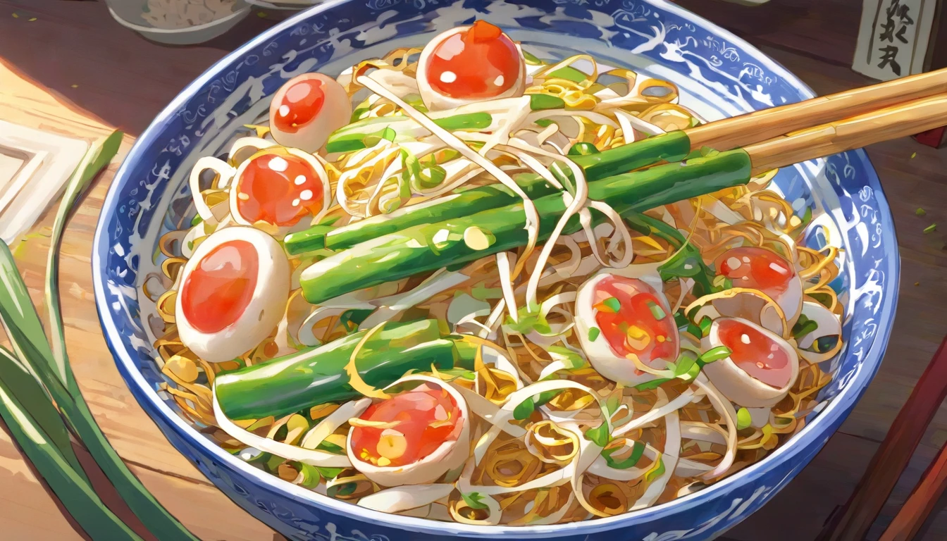 Stir-fried bean sprouts with blue and white porcelain, close-up, anime, modern, super detail, award winning, best quality