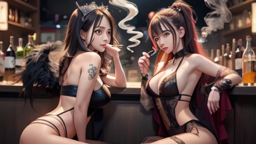 duas mulheres em lingersuits fumando cigarros em um bar, Tendência em CGTacing:, wlop e ross tran, Wlop e Sakimichan, wlop e artgerm, Tendência na CGTastation, garotas de anime, loish e wlop, [ Tendência em CGSeteration ]!!, Arte no estilo de Guweiz, Ross Tran e Bayard Wu