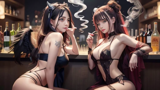 duas mulheres em lingersuits fumando cigarros em um bar, Tendência em CGTacing:, wlop e ross tran, Wlop e Sakimichan, wlop e artgerm, Tendência na CGTastation, garotas de anime, loish e wlop, [ Tendência em CGSeteration ]!!, Arte no estilo de Guweiz, Ross Tran e Bayard Wu