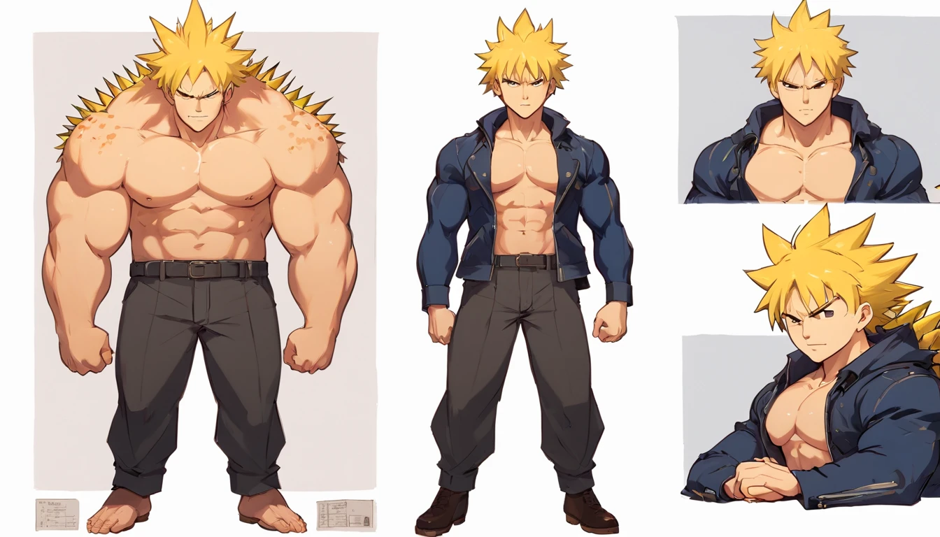 17 year old male named Calvin Chandra, yellow spiky high hair, face with (scars prominent in upper head), (((big muscular body))), dressed as a bodyguard with black jacket and sunglasses, always brings suitcase on his left hand, fierce yet kind face (((((character design sheet))))) ((((different poses different angles))))