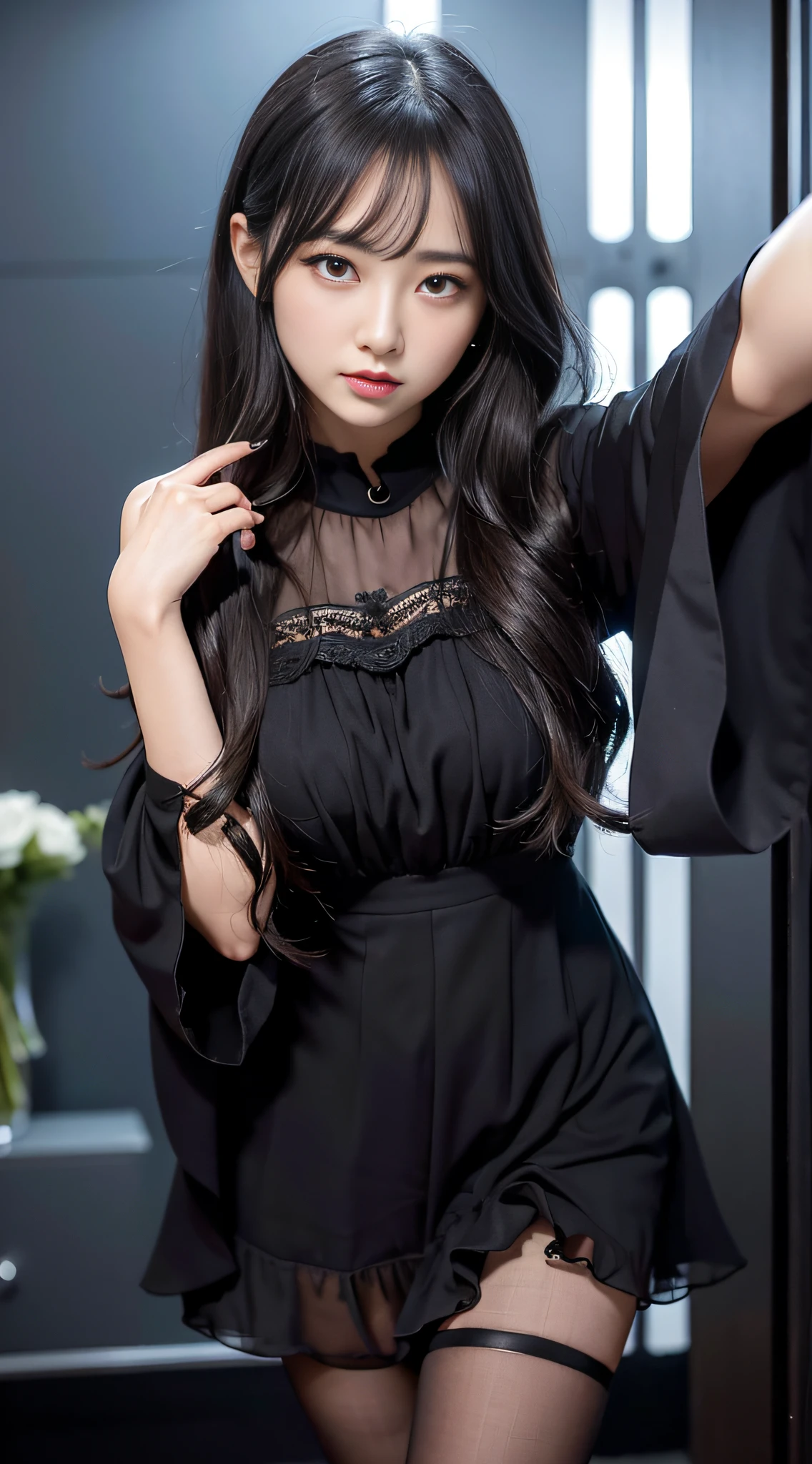 Ultra-detailed、Fascinating beauty、Dainty woman、Cool Girl、Wavy Hair、Black chiffon dress、Wide sleeves、flered skirt、Evil Female Executive、Evil Fall、brainwash、pantyhose、lacy fabric、Glossy legs、lipsticks、Evil look、Suspicious look、Hollow eyes、wicked、Reaching out、Over Head Shot、selfy、nightclubs、brainwash