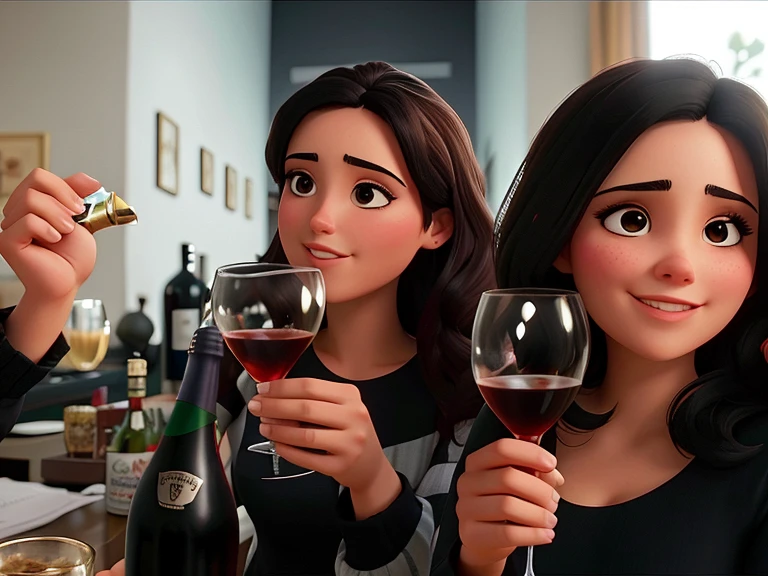 Obra-prima, de melhor qualidade, Disney Pixar cartoon, mulheres negras brindando em um restaurante, cabelos pretos latinas