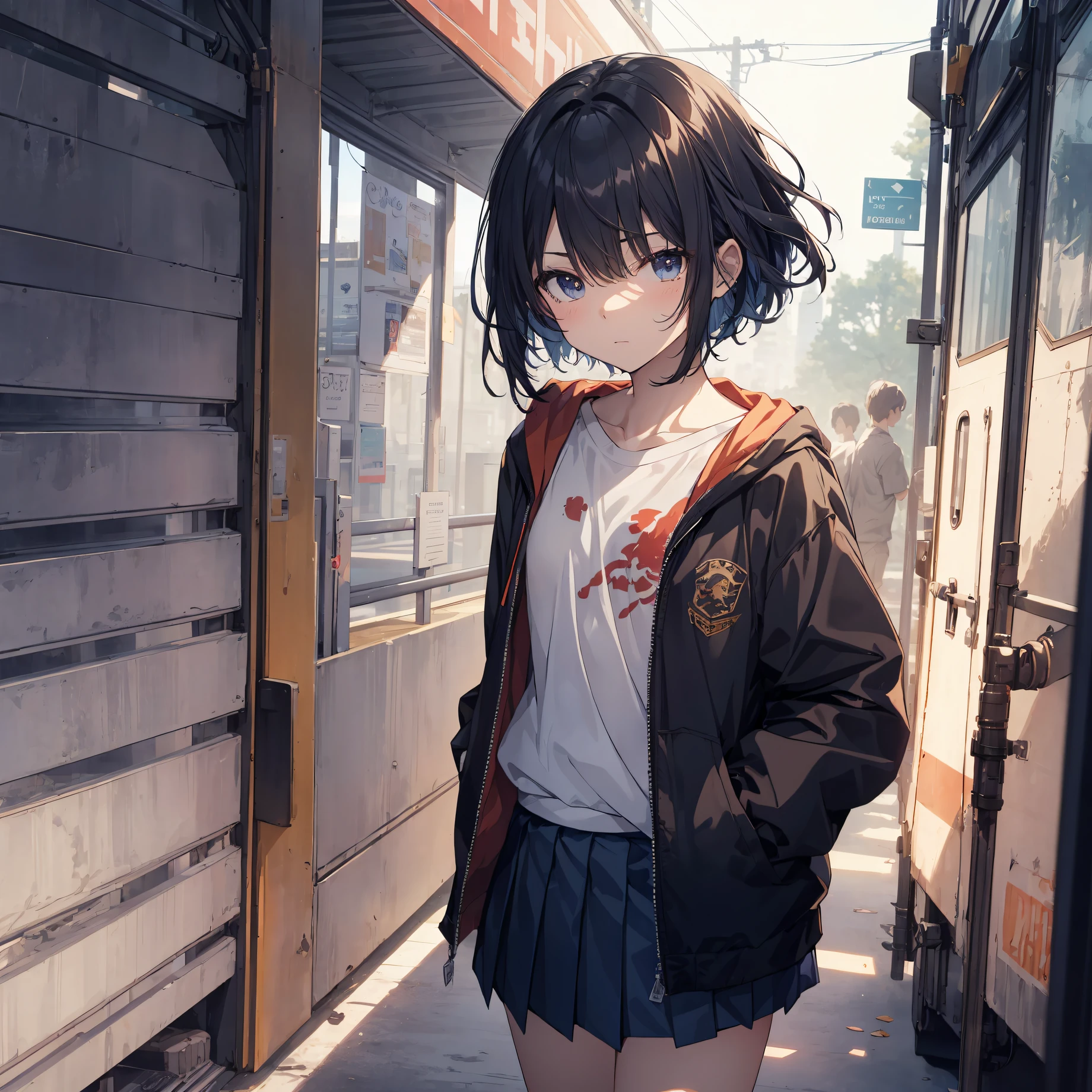 of the highest quality, anime moe art style,Best Anime 8K Konachan Wallpapers,Pixiv Contest Winner,Badass Anime 8K,Perfect Anatomy, (Draw a girl sleepily walking to school. ),BREAK, 1girl in, (Solo,Lori,child,13years:1.3),a junior high school student, Androgynous attraction, (Very short hair),hair messy, Full limbs, complete fingers,flat chest, Small butt, groin, Small eyes,Precise black eyes,disgusted eye, School uniform, Skirt,On the way to school. BREAK,Ultra-detailed,High resolution,super detailed skin, Professional Lighting,8k eye details, (cool illustration:1.2),