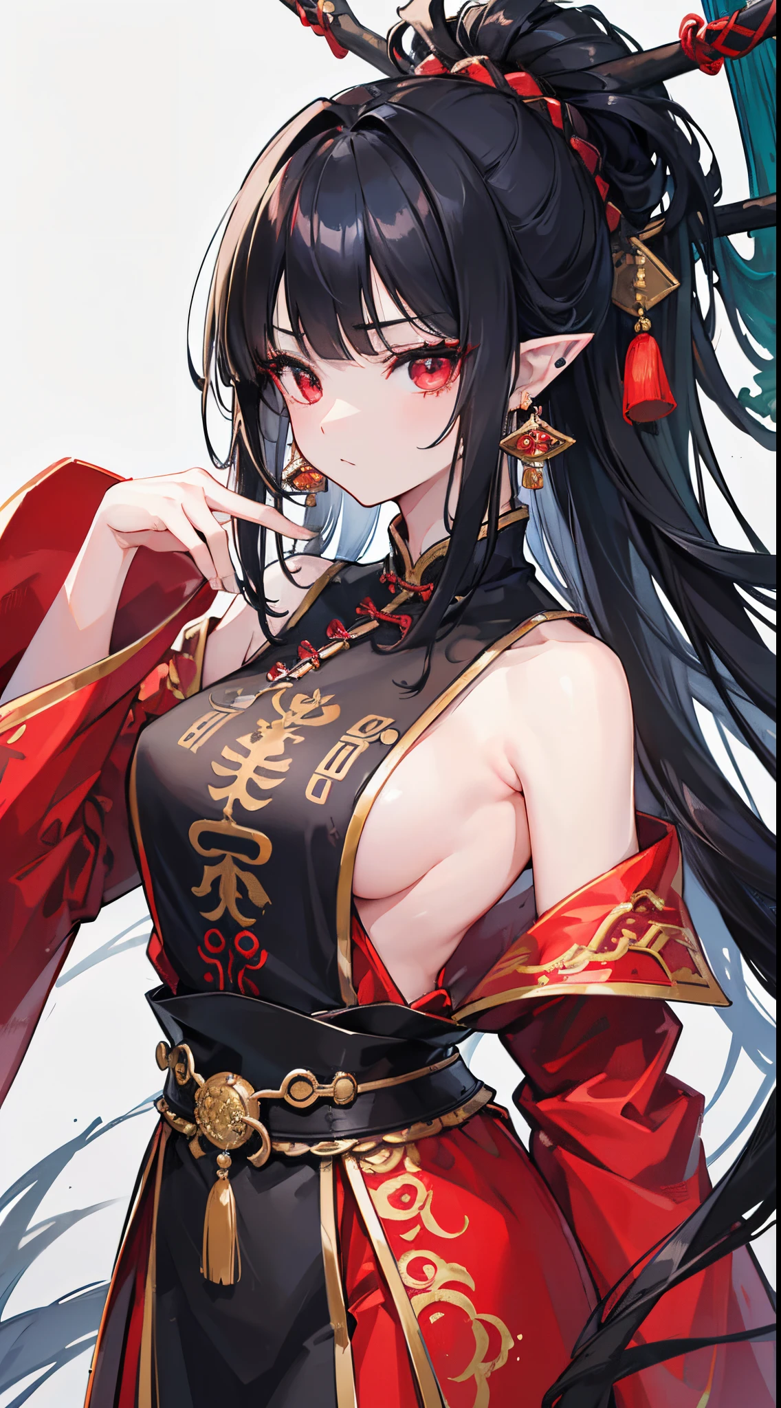 (8k、Top image quality、top-quality、masterpiece)、A detailed face、Detailed hand、1 girl in、Black hair long hair、blunt bangs、red eyes、smug、pointy ears、chinese style earrings、Moderately breasts、black chinese clothes、is standing、cowboy shot、chinese background