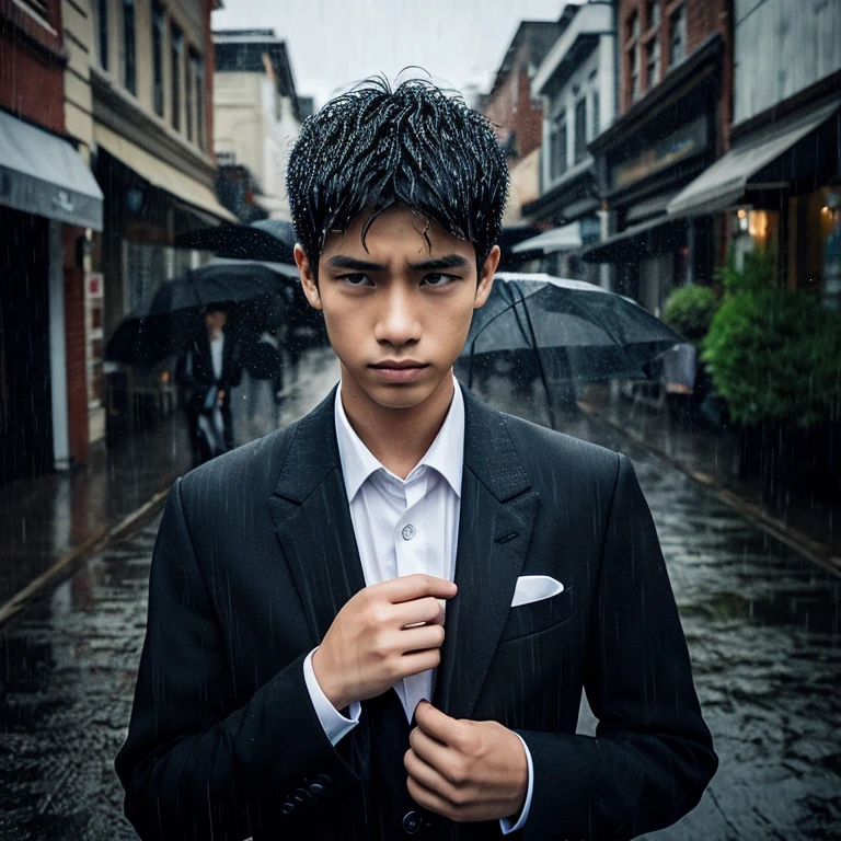 towns、natta、Black Suit、A young man、it is raining、with their face not visible、Sad face、8K、Detailed texture、The background is the city