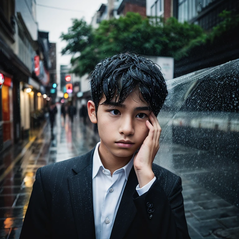 towns、natta、Black Suit、A young man、it is raining、with their face not visible、Sad face、8K、Detailed texture、The background is the city